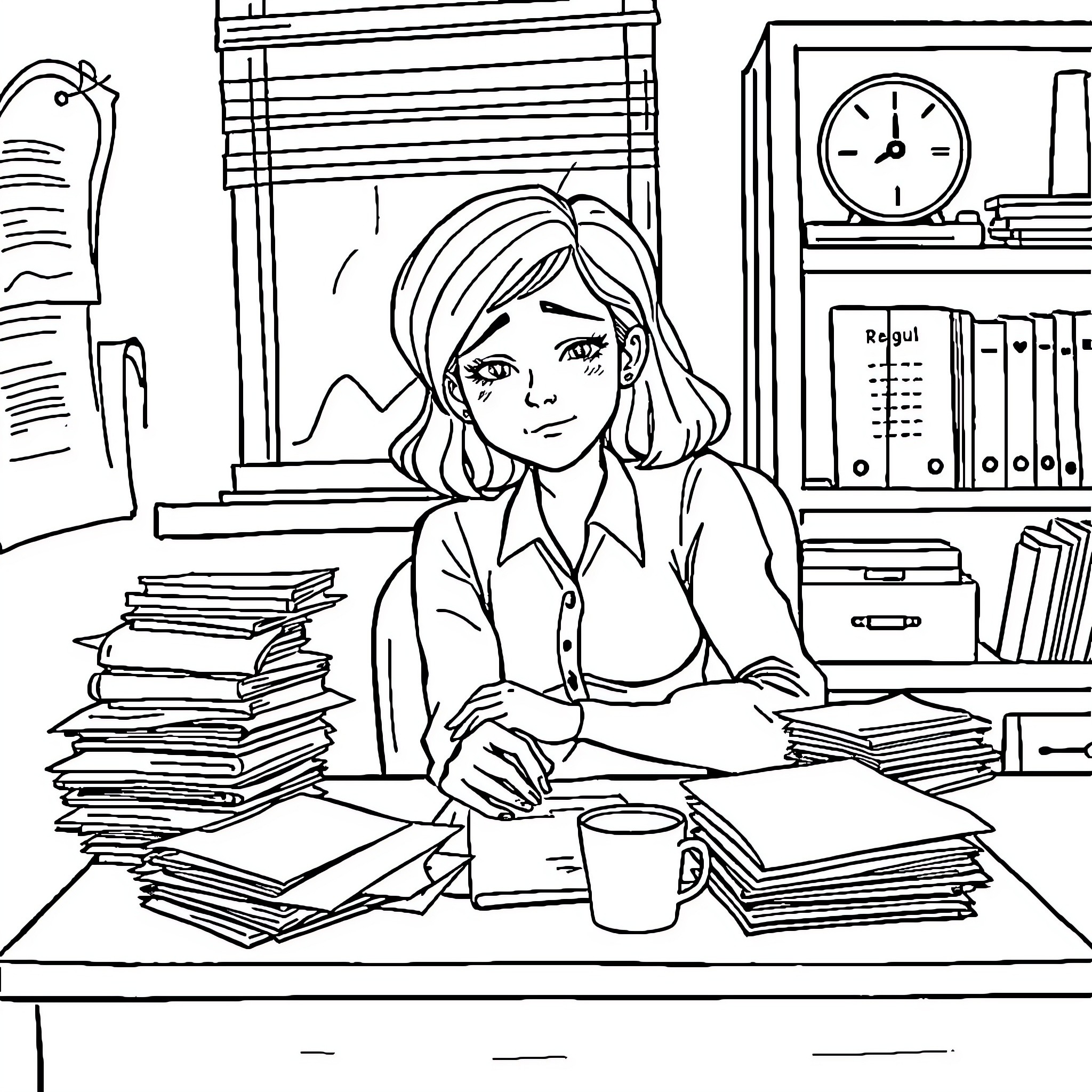 Teacher grading papers in a classroom setting Coloring Page (free black-and-white line drawing printable PDF for all, from beginners to advanced learners, including children, teens, adults, and seniors)