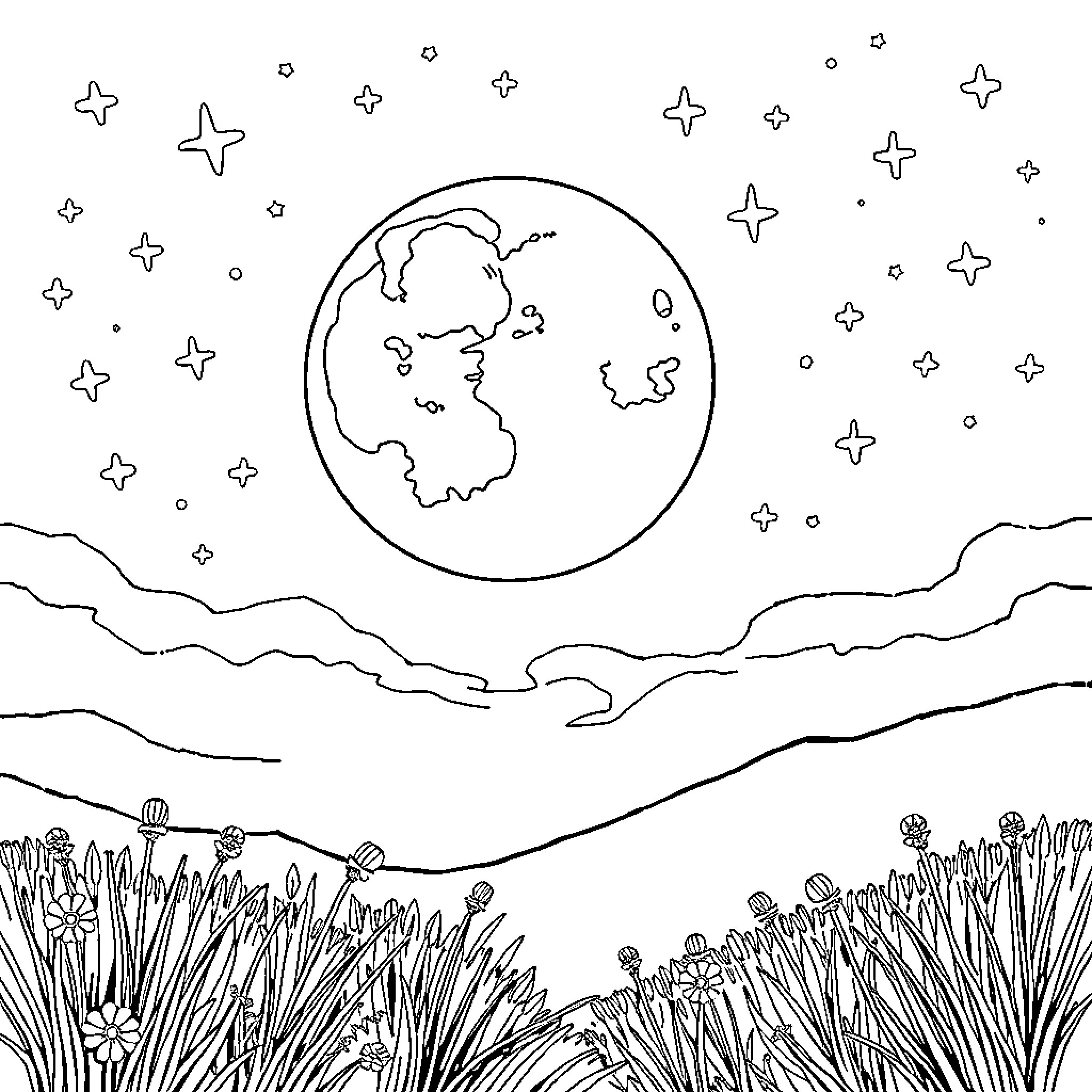 Moon shining over Earth in starry night sky Coloring Page (free black-and-white line drawing printable PDF for all, from beginners to advanced learners, including children, teens, adults, and seniors)