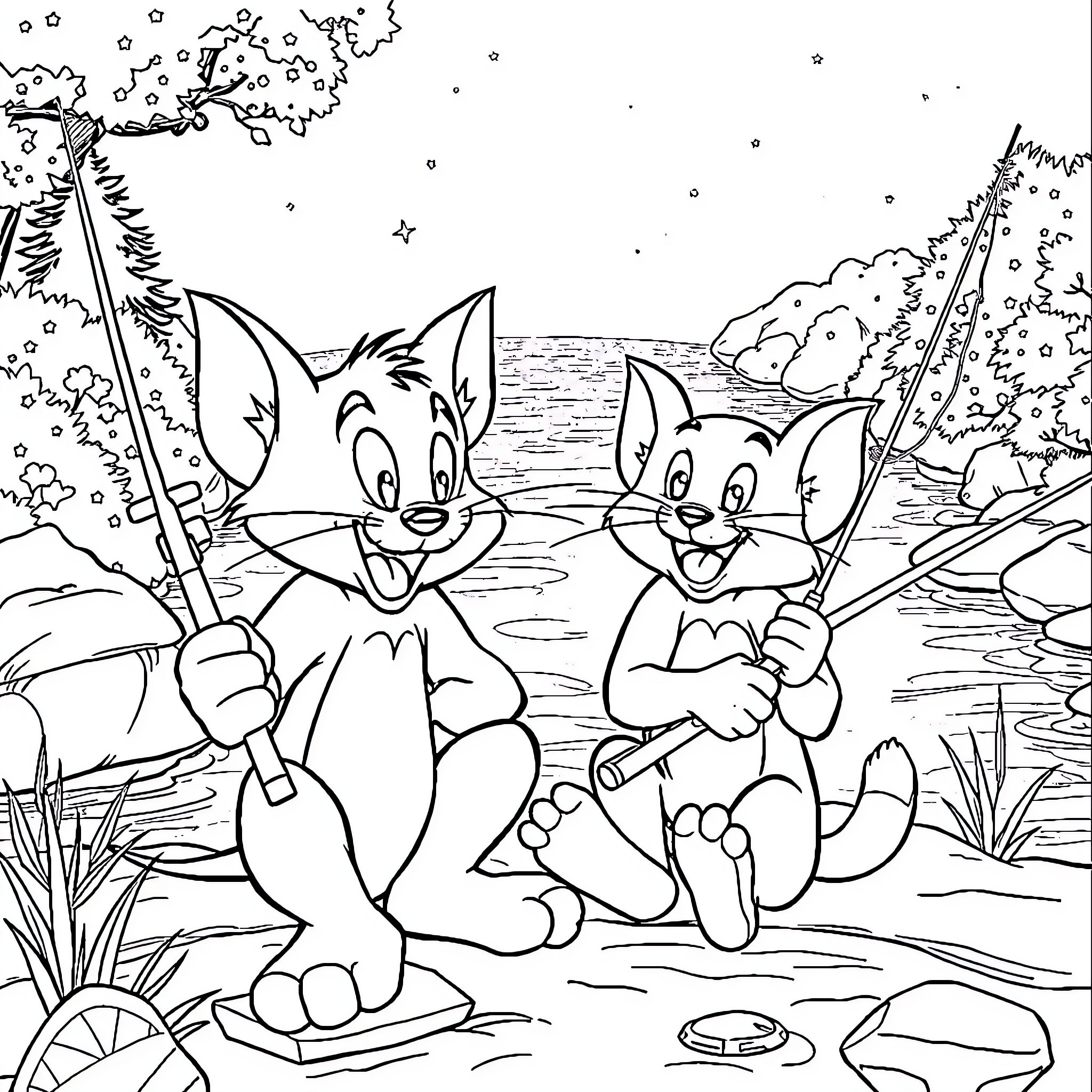 Tom and Jerry Fishing by the Lake Coloring Page (free black-and-white line drawing printable PDF for all, from beginners to advanced learners, including children, teens, adults, and seniors)