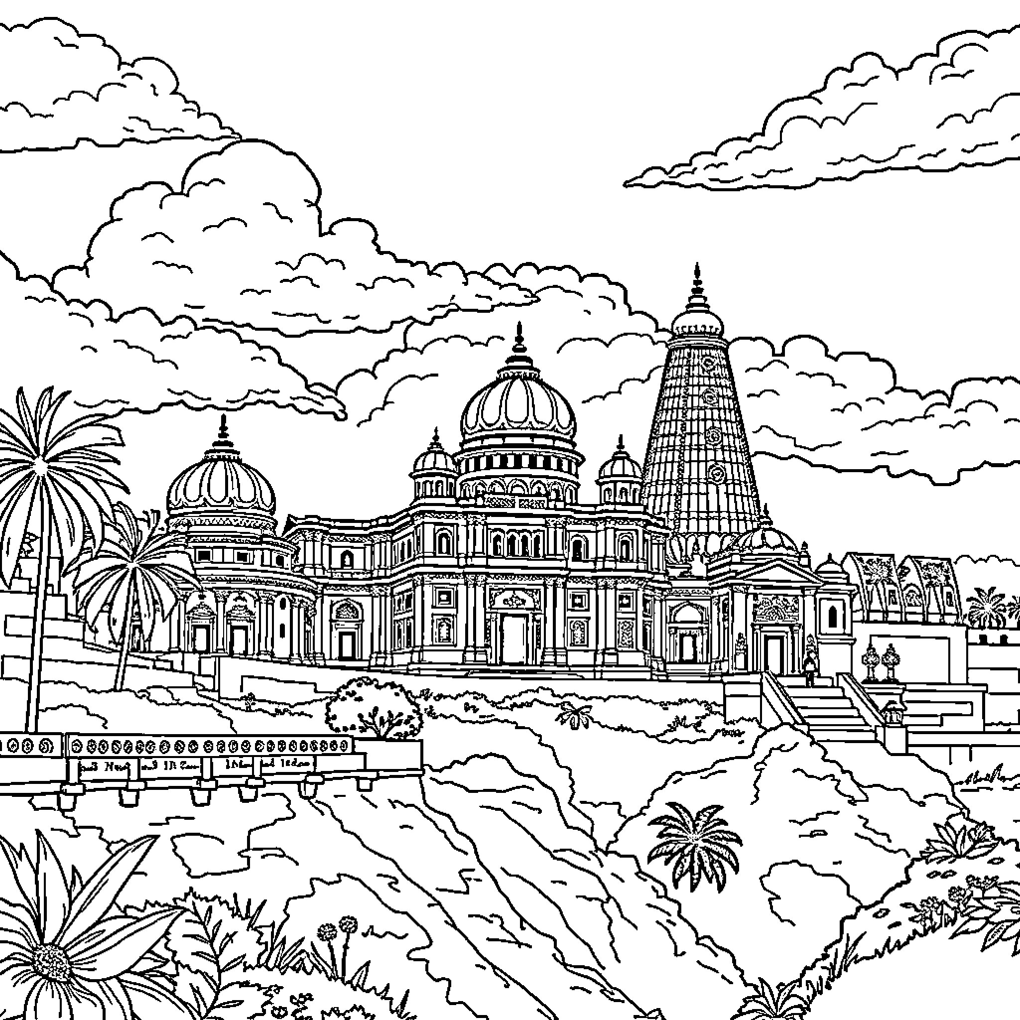 India's Ornate Architectural Marvels in the Clouds Coloring Page (free black-and-white line drawing printable PDF for all, from beginners to advanced learners, including children, teens, adults, and seniors)