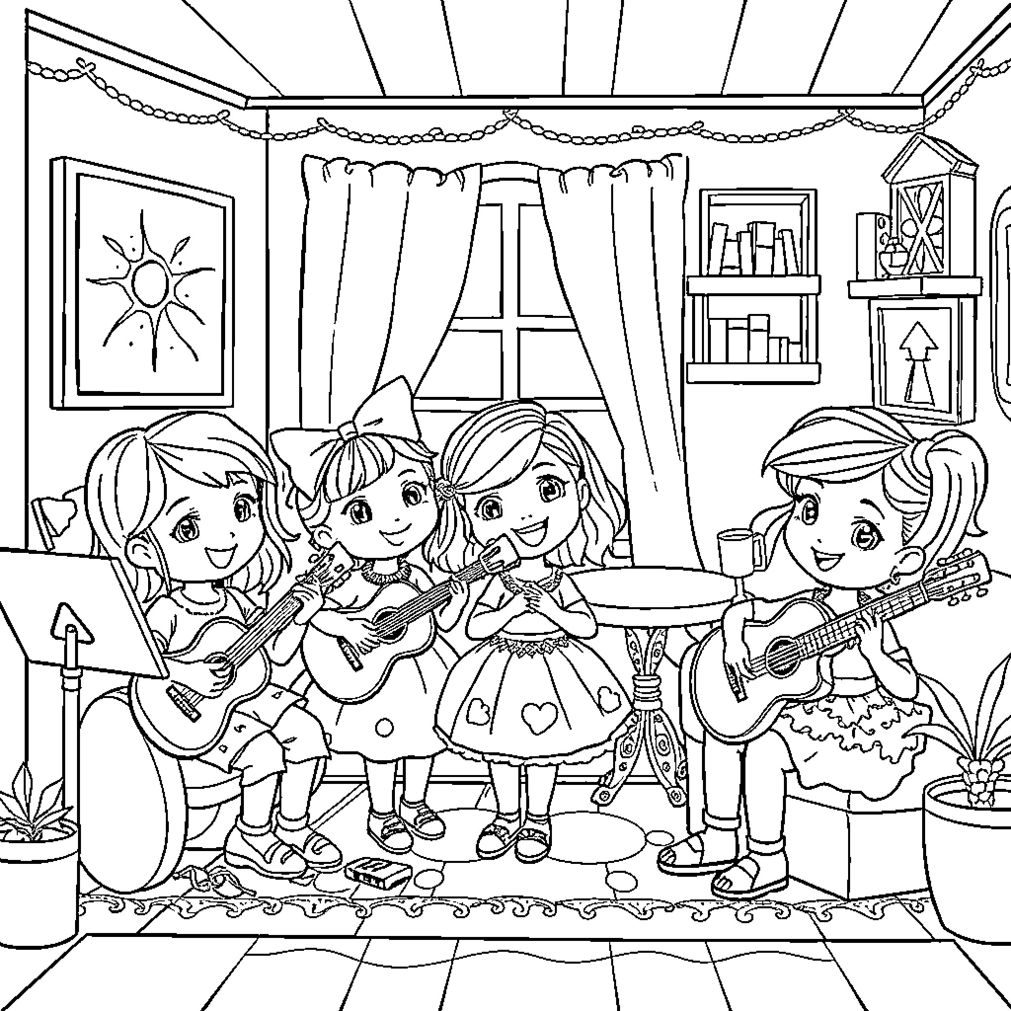 Gabby Dollhouse girls playing instruments in cozy room Coloring Page (free black-and-white line drawing printable PDF for all, from beginners to advanced learners, including children, teens, adults, and seniors)