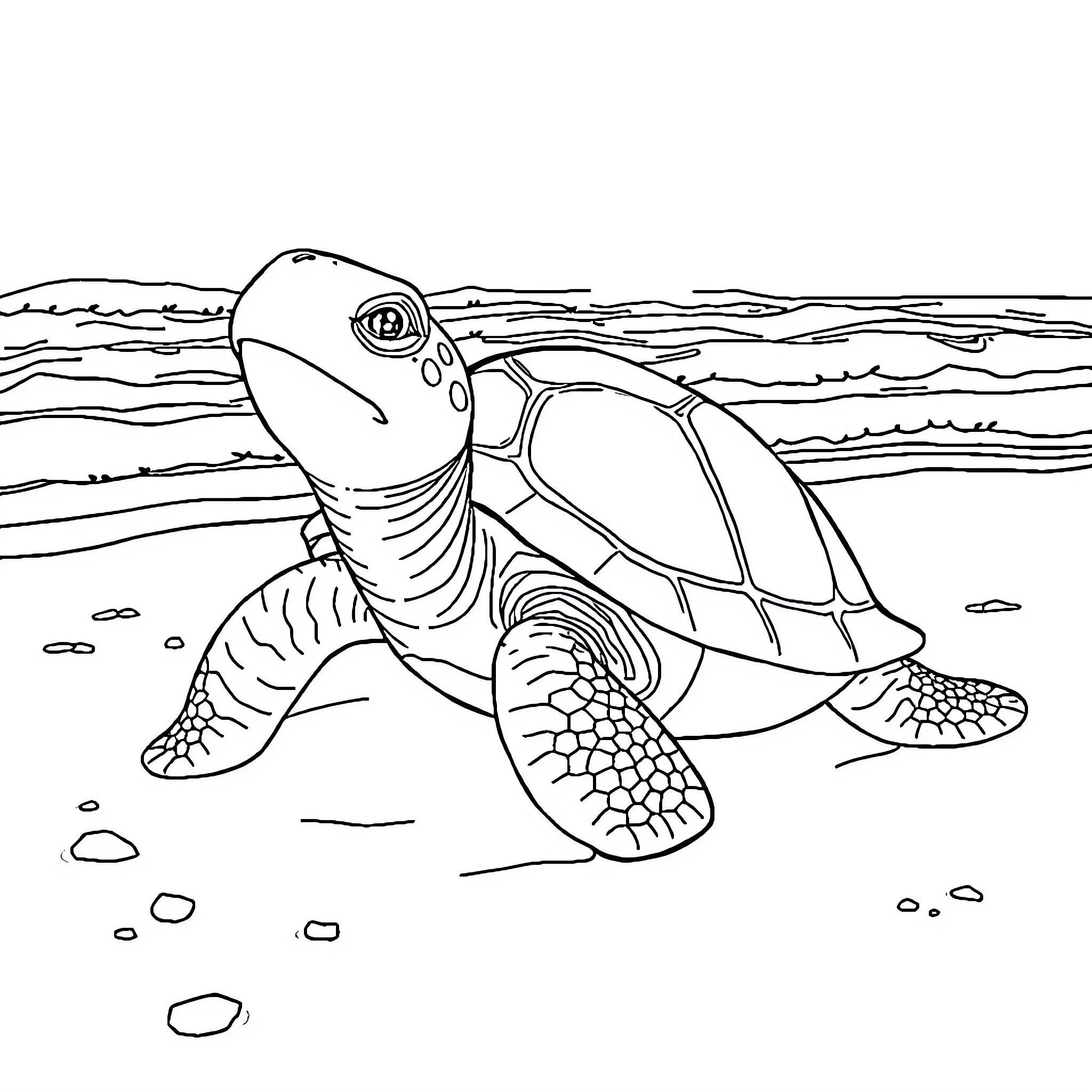 Turtle swimming in the ocean Coloring Page (free black-and-white line drawing printable PDF for all, from beginners to advanced learners, including children, teens, adults, and seniors)
