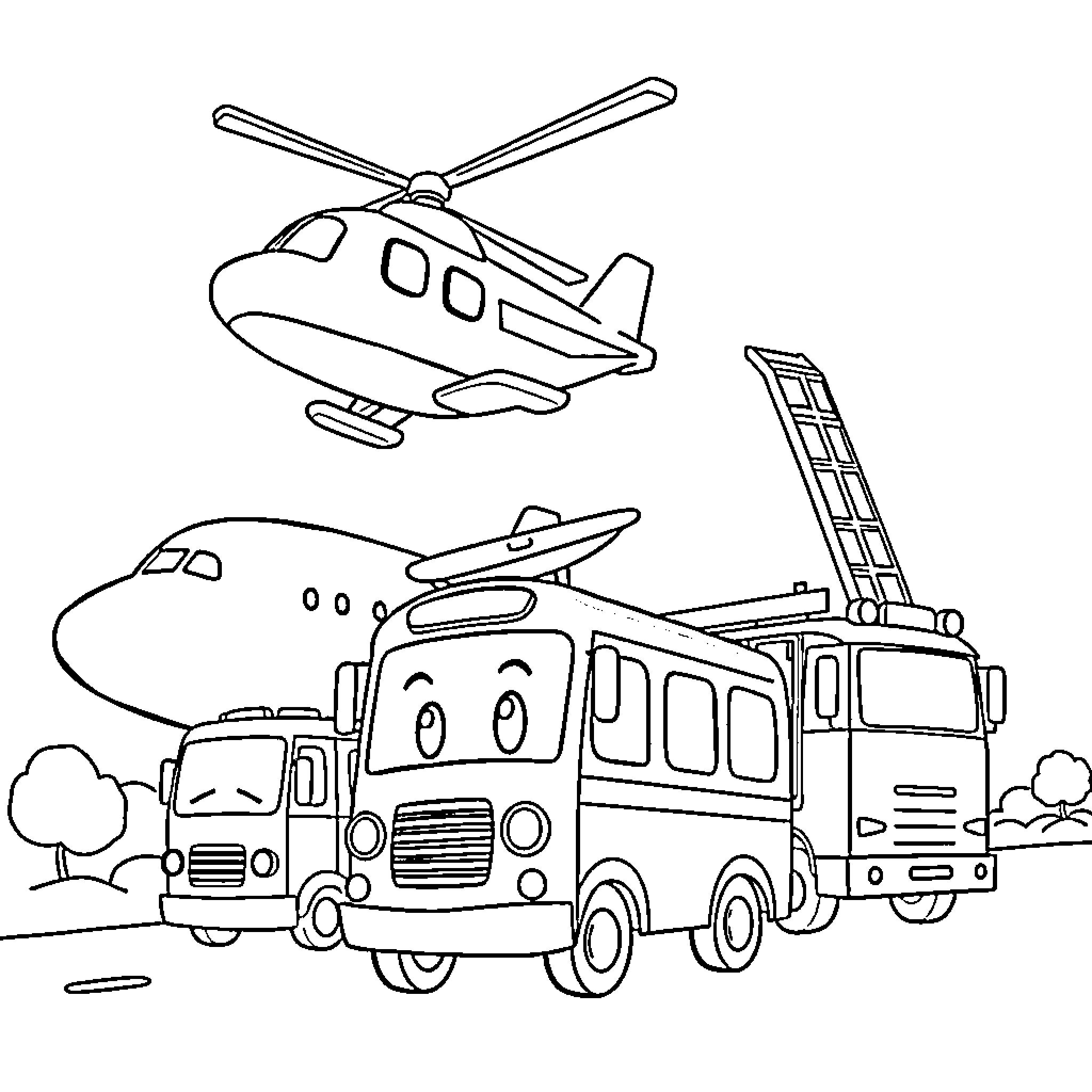 Tayo's Aerial and Ground Rescue Adventure Coloring Page (free black-and-white line drawing printable PDF for all, from beginners to advanced learners, including children, teens, adults, and seniors)