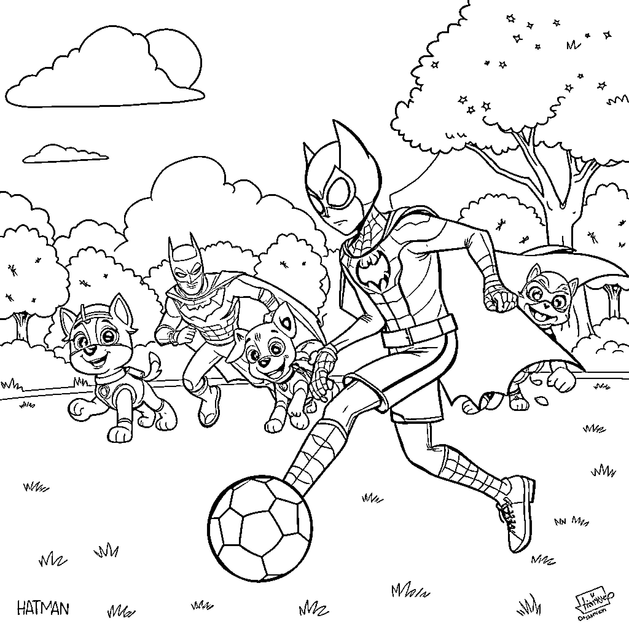 Superhero team in action saving the day Coloring Page (free black-and-white line drawing printable PDF for all, from beginners to advanced learners, including children, teens, adults, and seniors)