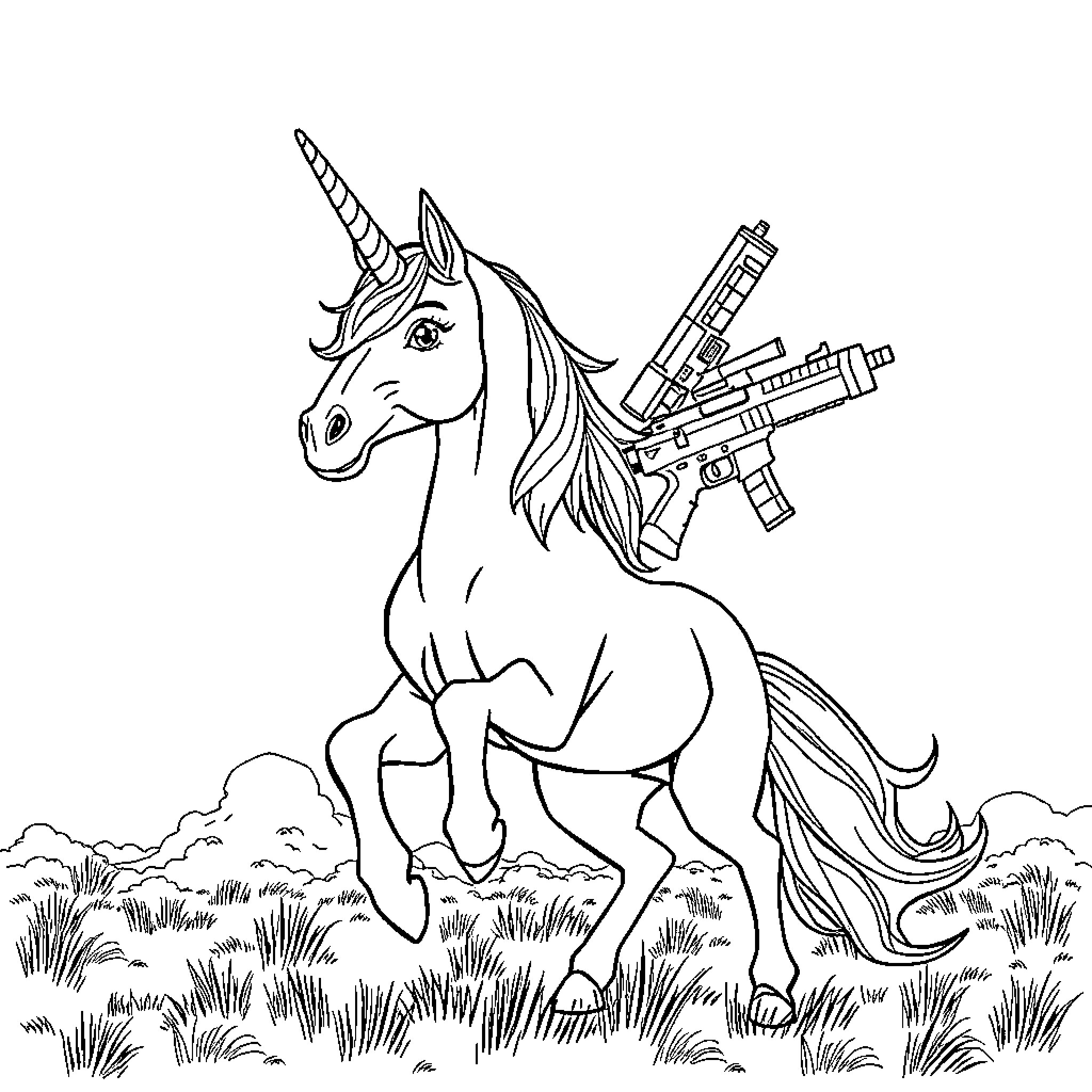 Unicorn Warrior Wielding Futuristic Weapon Coloring Page (free black-and-white line drawing printable PDF for all, from beginners to advanced learners, including children, teens, adults, and seniors)