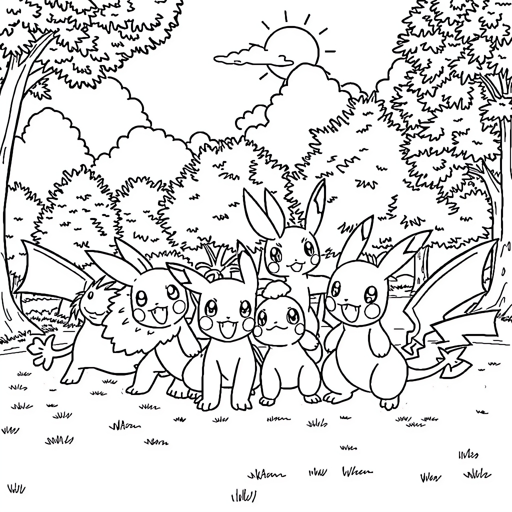 Pokémon Bunnies Frolicking in the Wilderness Coloring Page (free black-and-white line drawing printable PDF for all, from beginners to advanced learners, including children, teens, adults, and seniors)