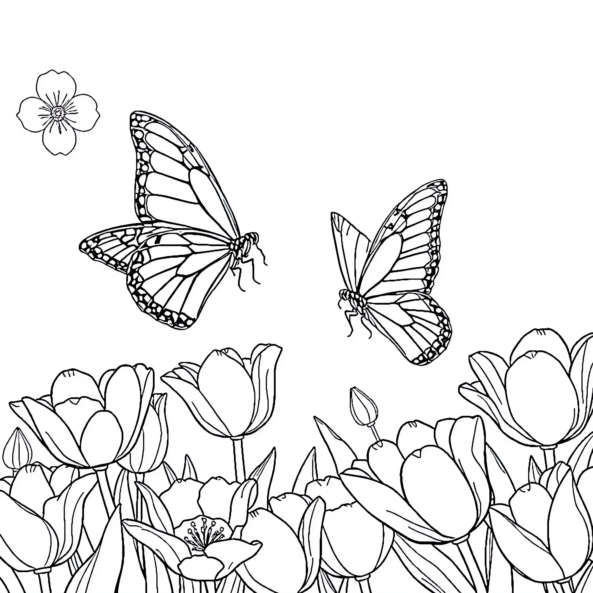 Butterfly Dancers Amid Blooming Tulips Coloring Page (free black-and-white line drawing printable PDF for all, from beginners to advanced learners, including children, teens, adults, and seniors)