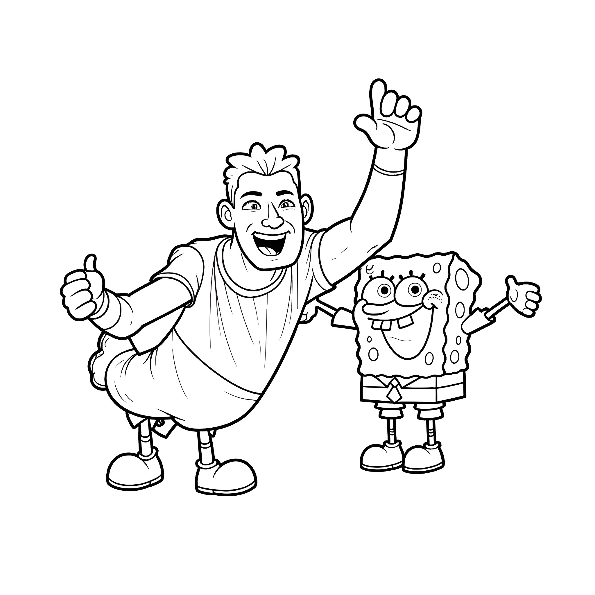 John Cena and SpongeBob Celebrate with Enthusiasm Coloring Page (free black-and-white line drawing printable PDF for all, from beginners to advanced learners, including children, teens, adults, and seniors)