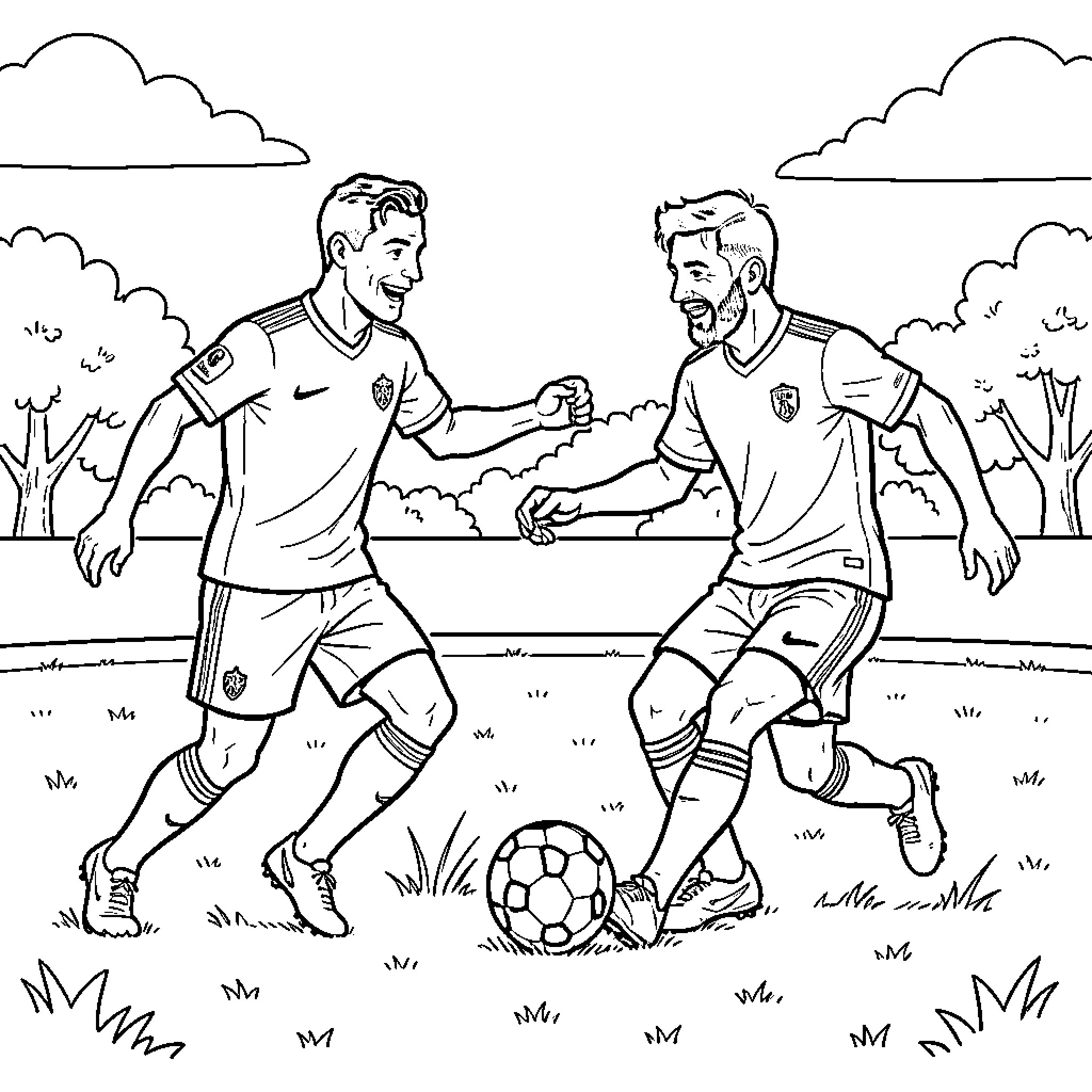 Ronaldo and Messi playing soccer in a field Coloring Page (free black-and-white line drawing printable PDF for all, from beginners to advanced learners, including children, teens, adults, and seniors)