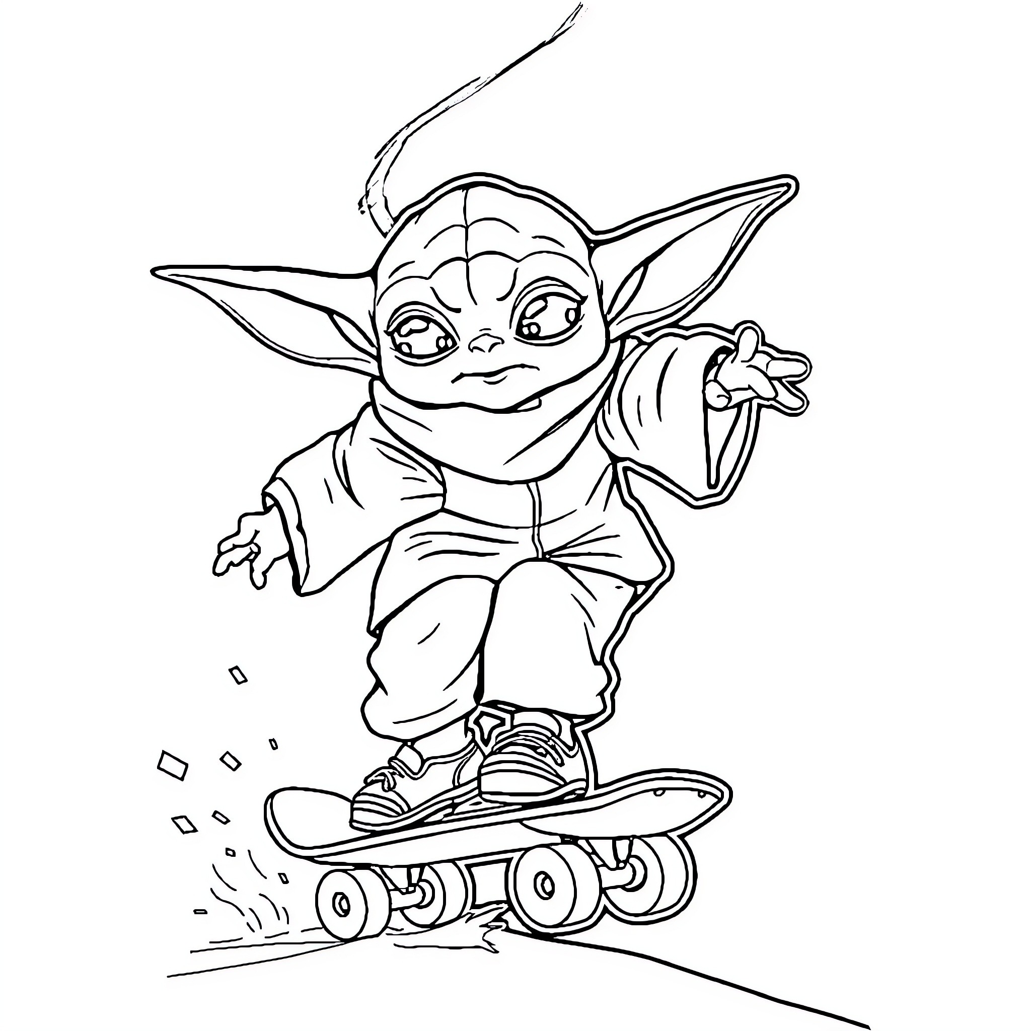 Yoda riding skateboard happily Coloring Page (free black-and-white line drawing printable PDF for all, from beginners to advanced learners, including children, teens, adults, and seniors)