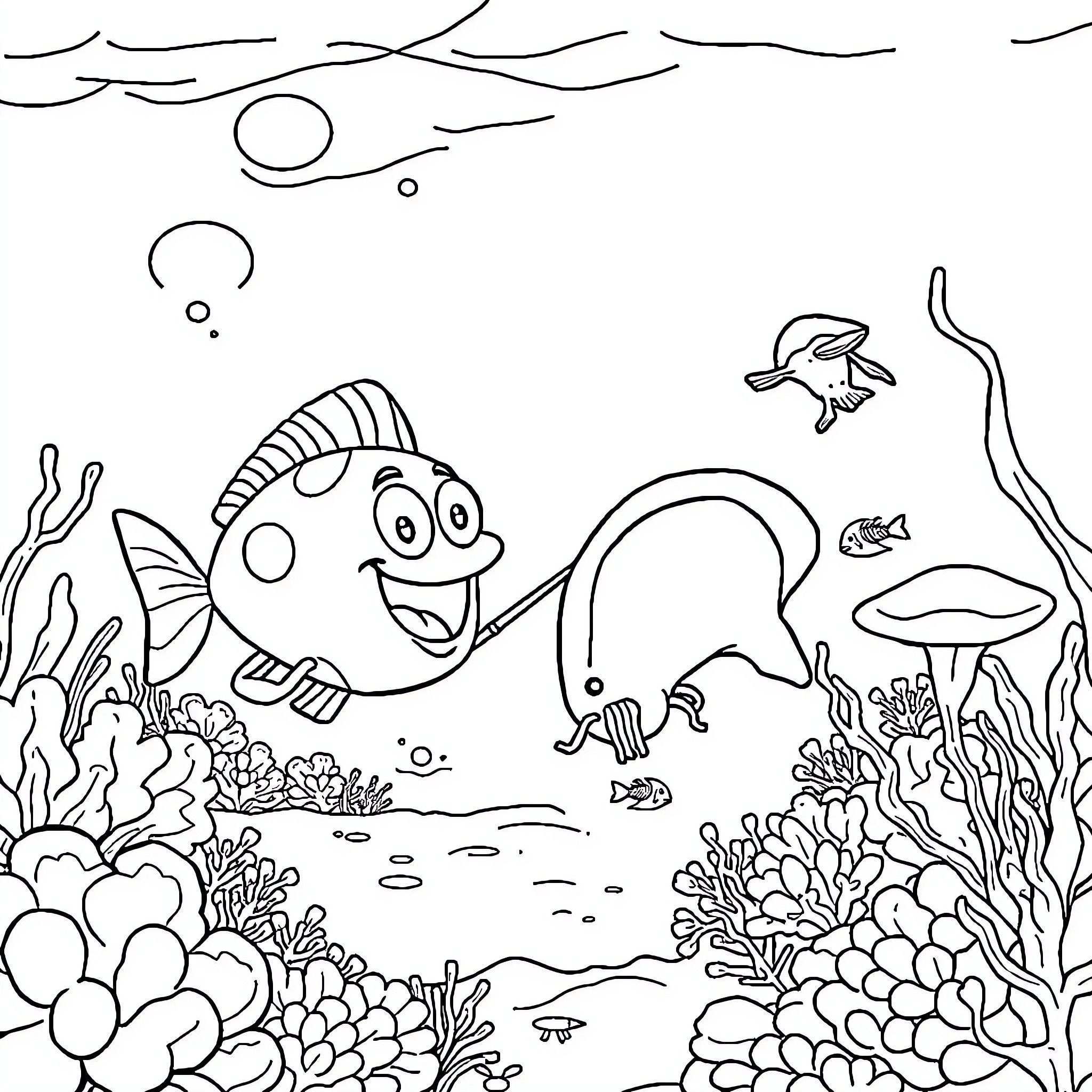 Bob esponja playing underwater with colorful sea creatures Coloring Page (free black-and-white line drawing printable PDF for all, from beginners to advanced learners, including children, teens, adults, and seniors)