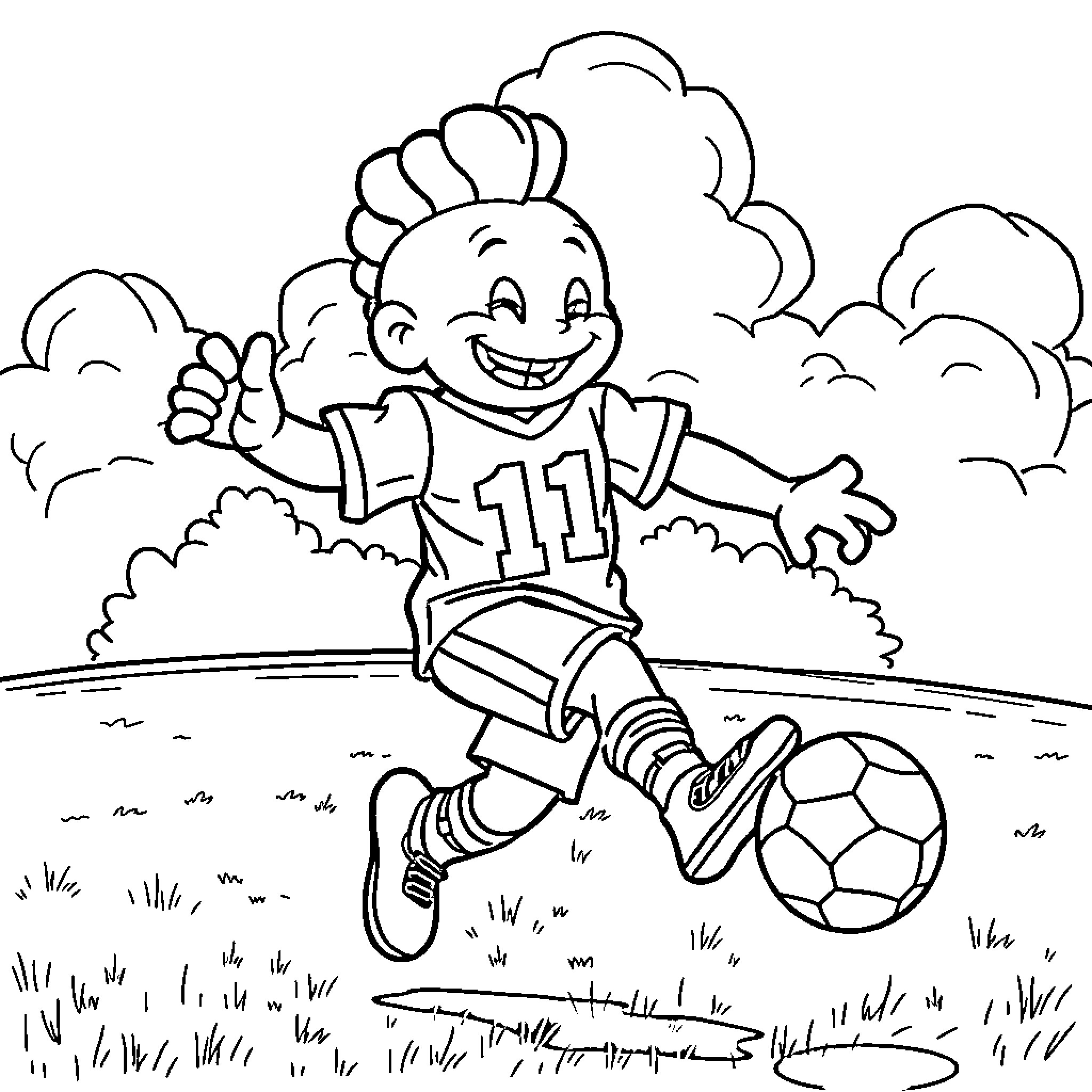 Kaws character happily playing soccer on field Coloring Page (free black-and-white line drawing printable PDF for all, from beginners to advanced learners, including children, teens, adults, and seniors)