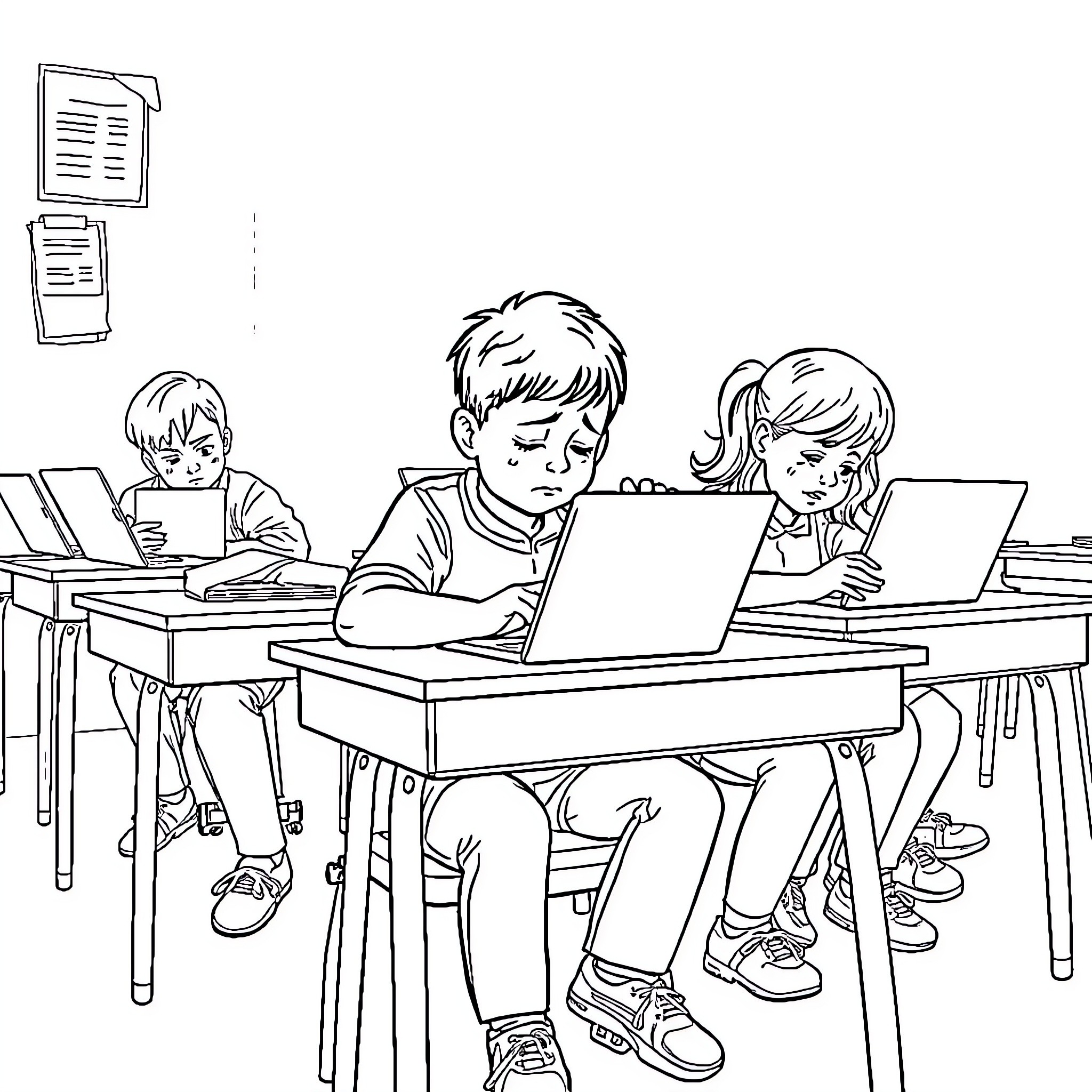 Students working diligently on computers in classroom Coloring Page (free black-and-white line drawing printable PDF for all, from beginners to advanced learners, including children, teens, adults, and seniors)