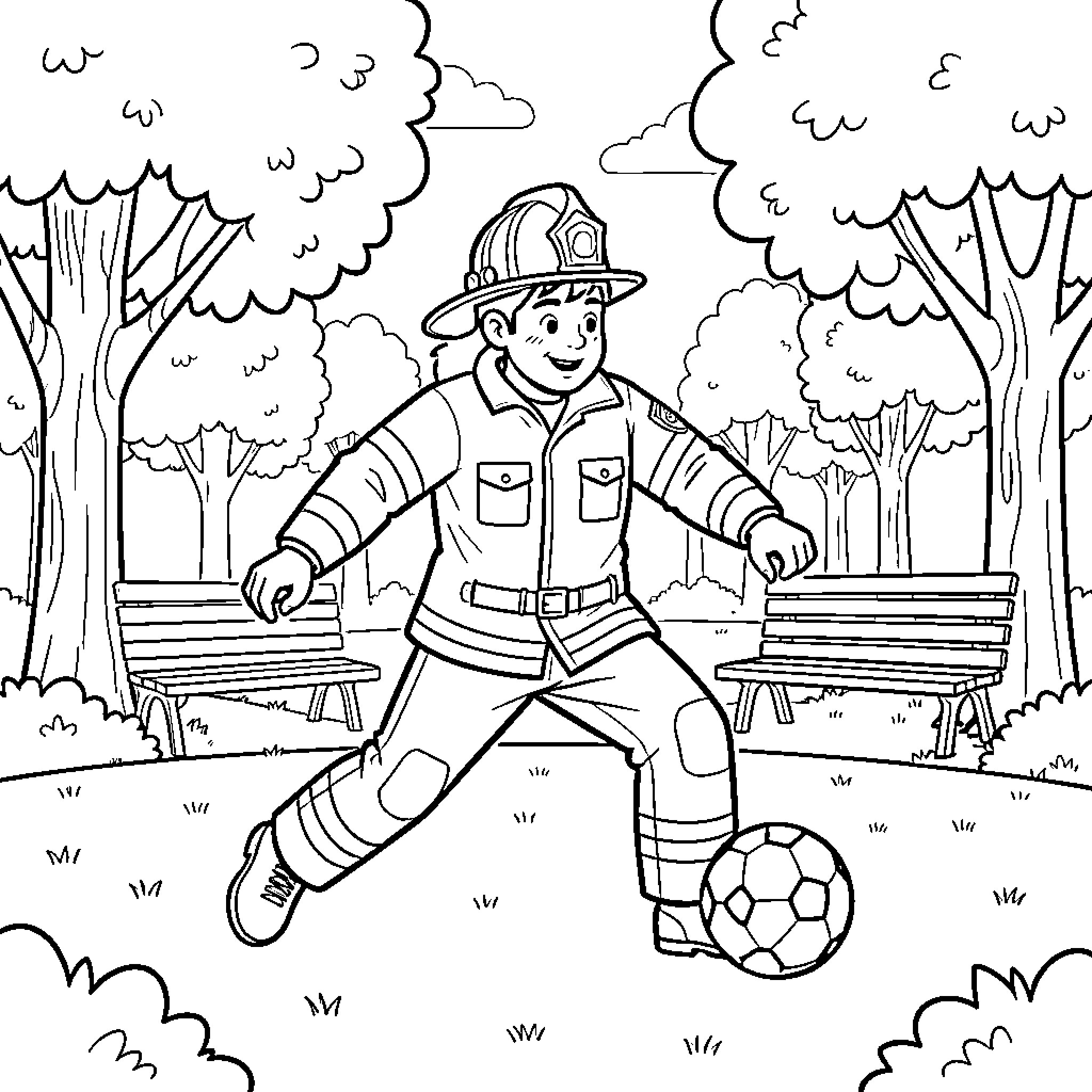 Pompiers playing soccer happily in a park Coloring Page (free black-and-white line drawing printable PDF for all, from beginners to advanced learners, including children, teens, adults, and seniors)