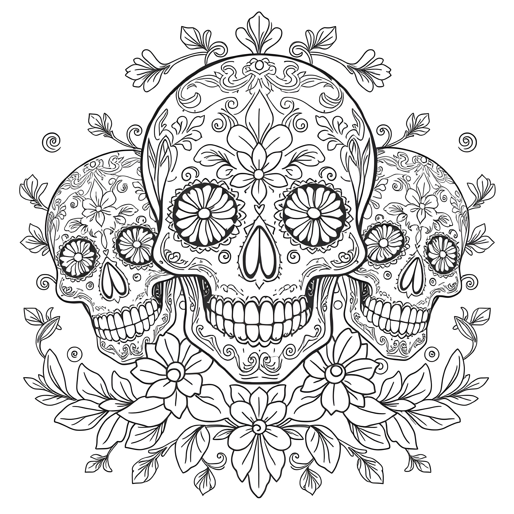Sugar Skull with Floral Ornaments and Intricate Designs Coloring Page (free black-and-white line drawing printable PDF for all, from beginners to advanced learners, including children, teens, adults, and seniors)