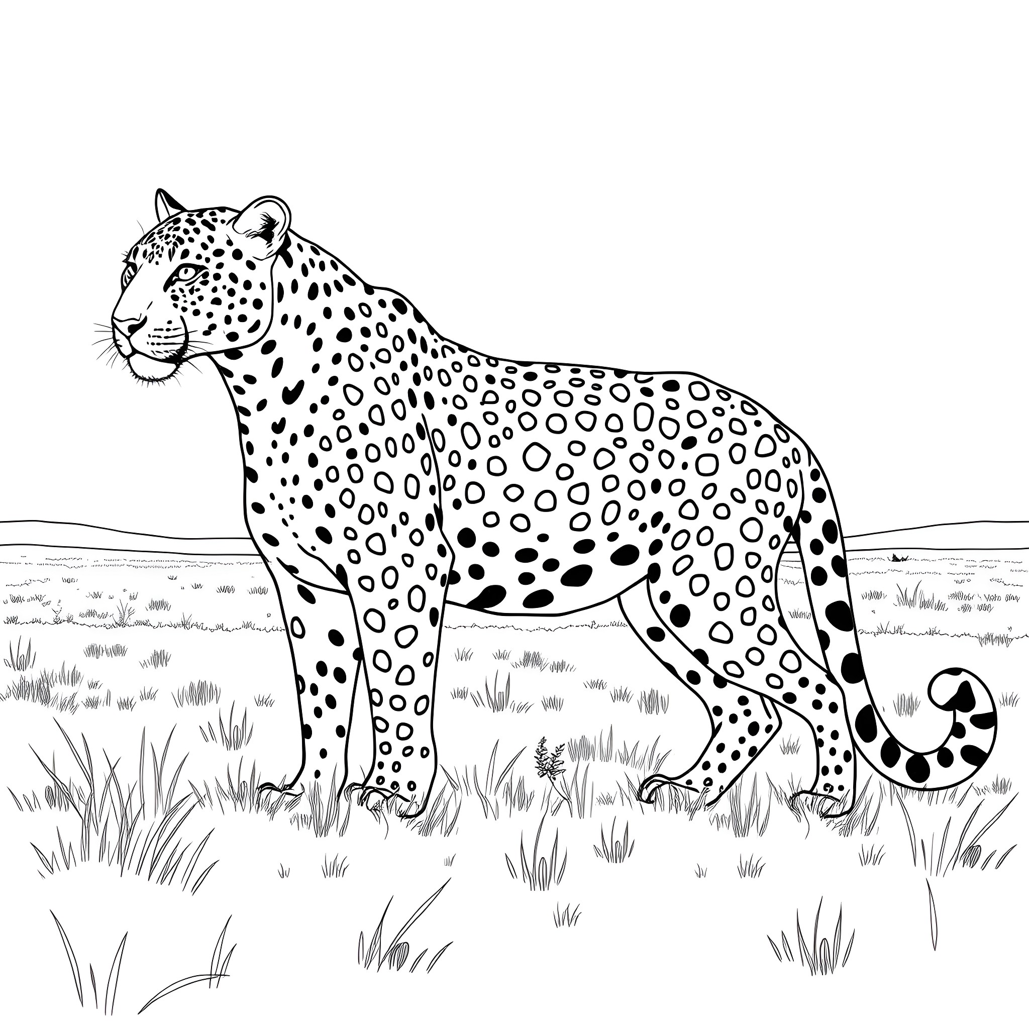 Leopard standing alert in the grasslands Coloring Page (free black-and-white line drawing printable PDF for all, from beginners to advanced learners, including children, teens, adults, and seniors)