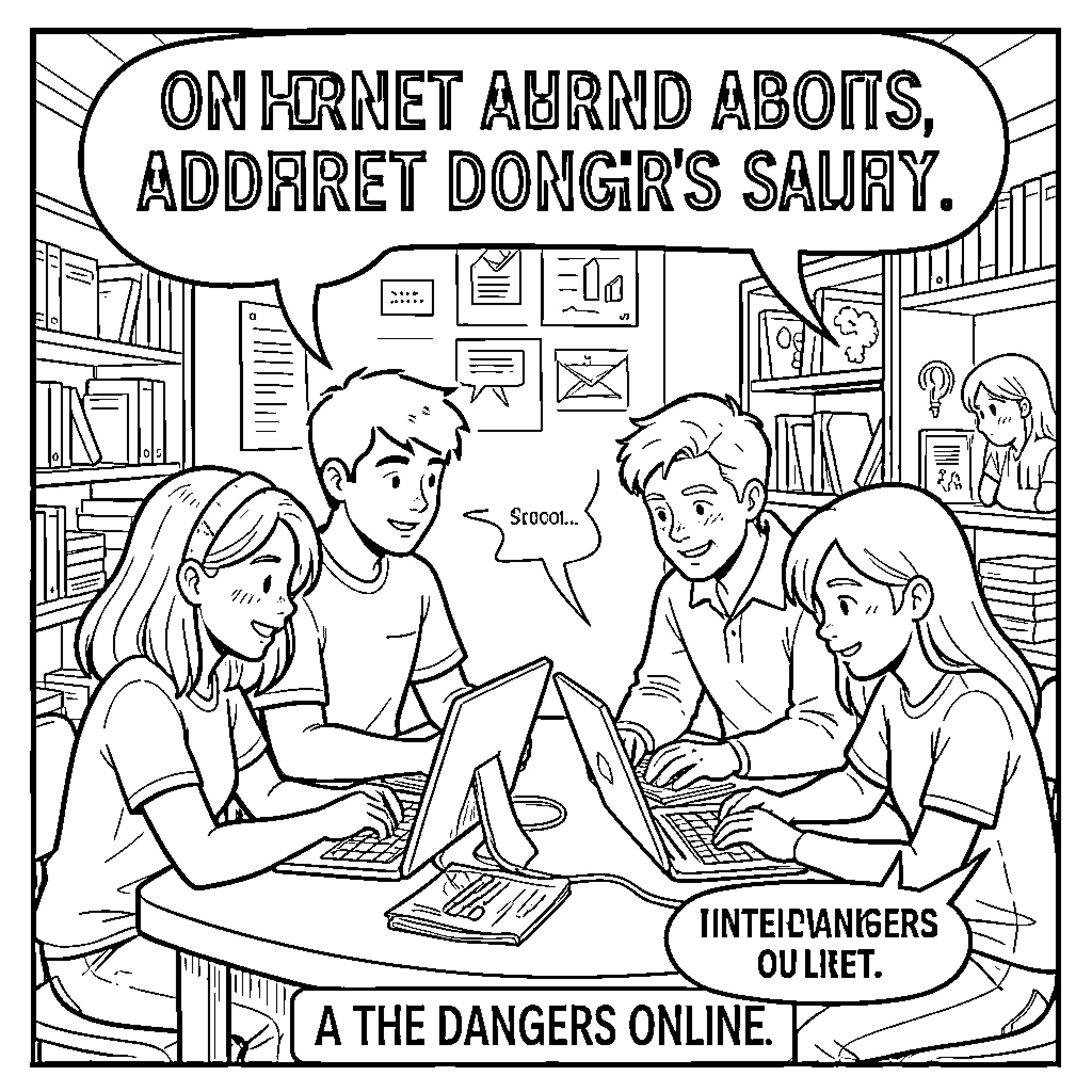 Teenagers discussing online dangers in the library Coloring Page (free black-and-white line drawing printable PDF for all, from beginners to advanced learners, including children, teens, adults, and seniors)