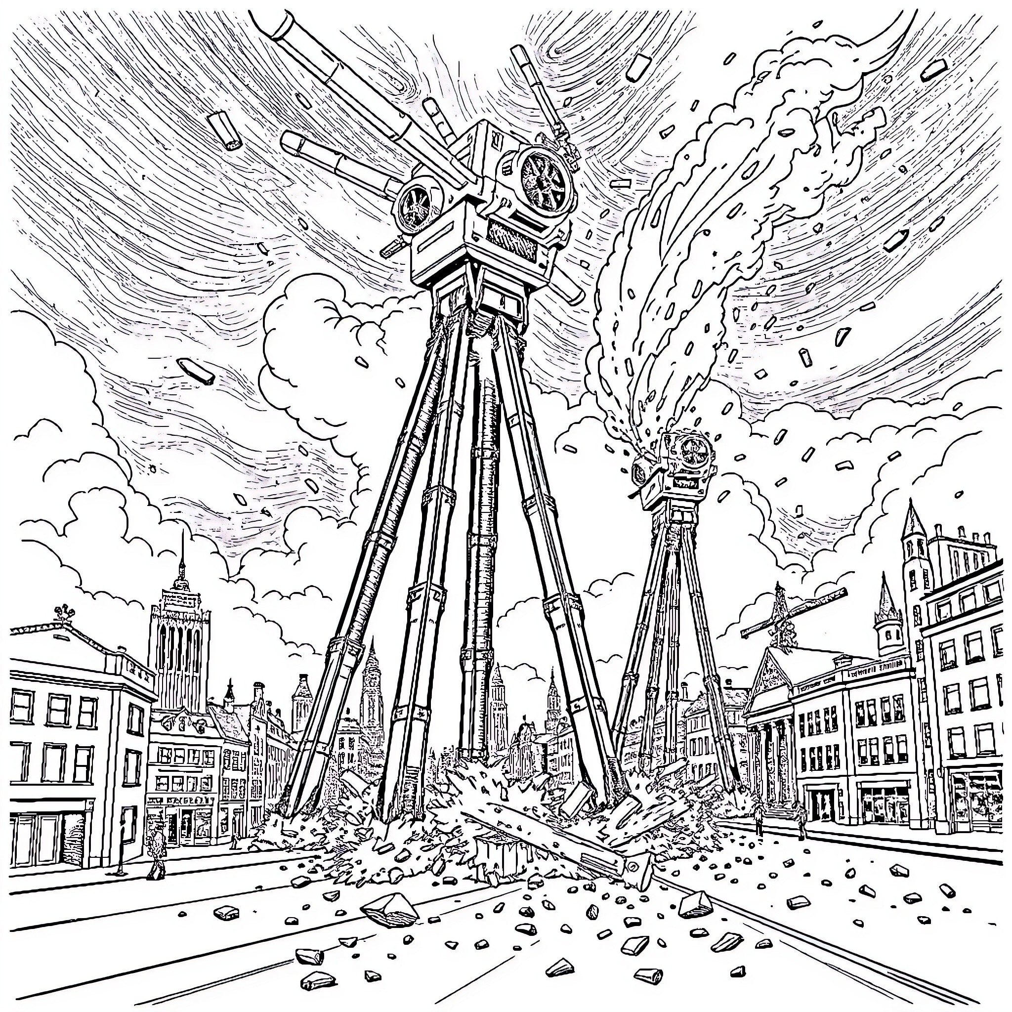Tripod Cameras Capturing the Chaos of a Cityscape Coloring Page (free black-and-white line drawing printable PDF for all, from beginners to advanced learners, including children, teens, adults, and seniors)