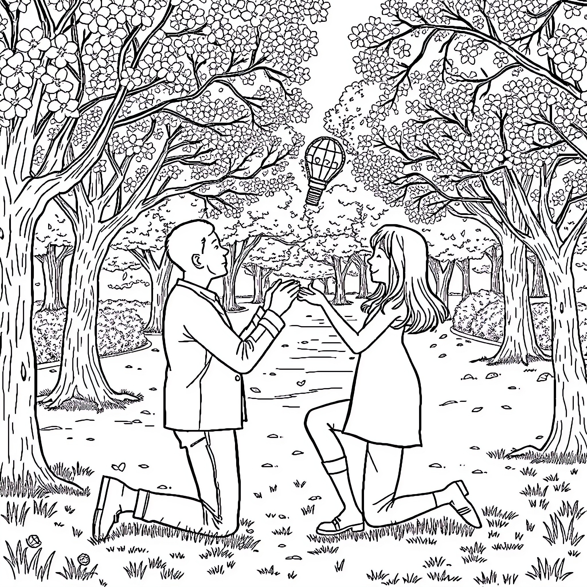 Man proposing marriage to woman in park Coloring Page (free black-and-white line drawing printable PDF for all, from beginners to advanced learners, including children, teens, adults, and seniors)