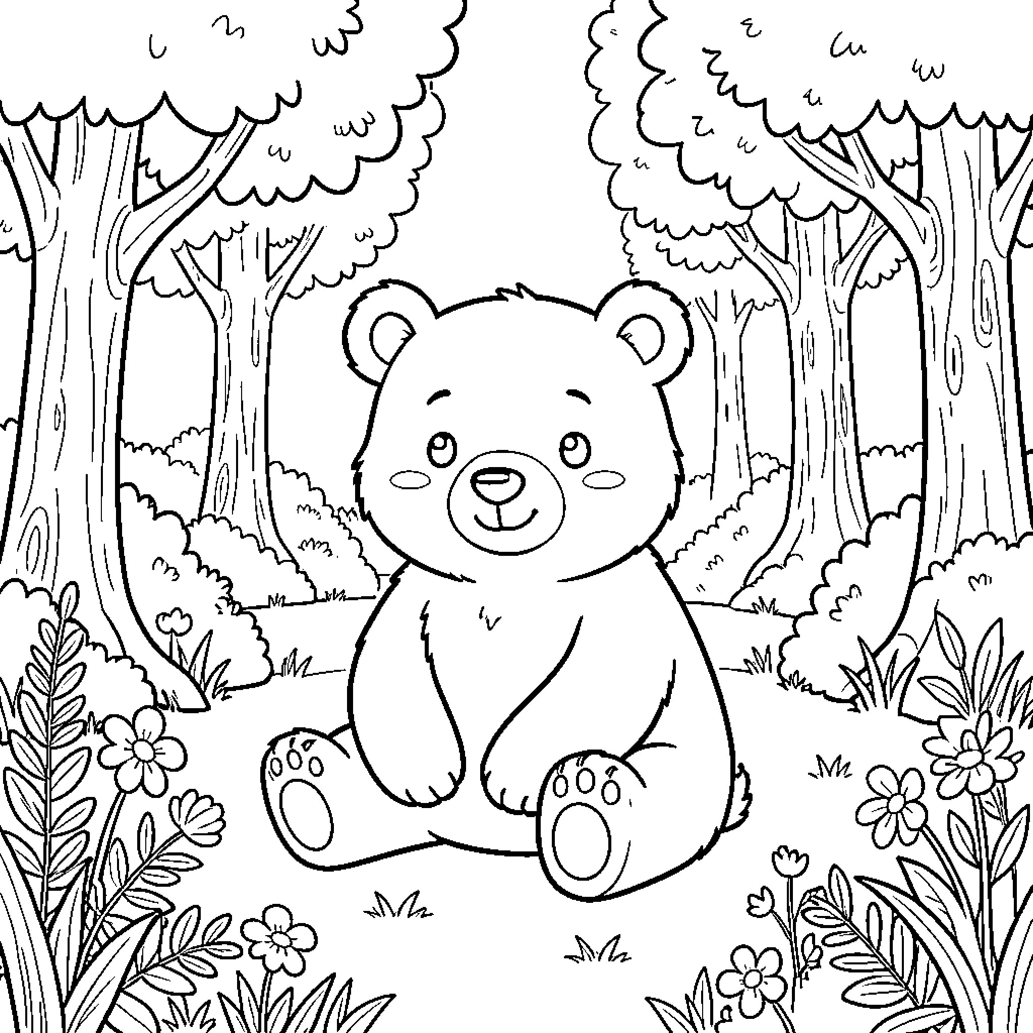 Bear sitting peacefully in the forest Coloring Page (free black-and-white line drawing printable PDF for all, from beginners to advanced learners, including children, teens, adults, and seniors)