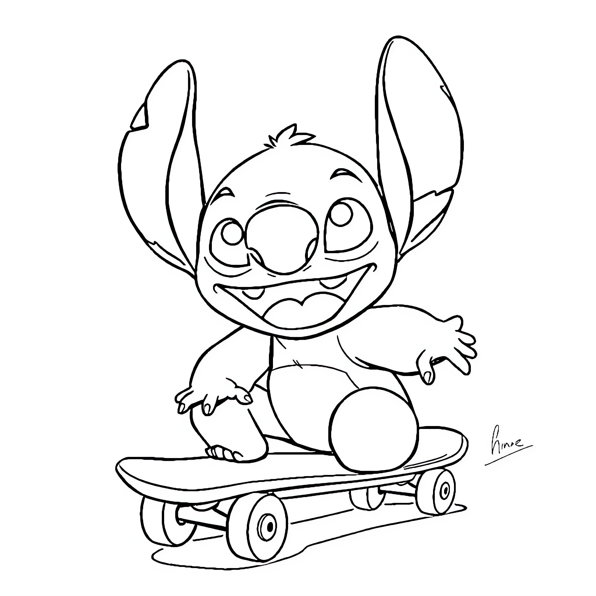 Stitch riding a skateboard with joy Coloring Page (free black-and-white line drawing printable PDF for all, from beginners to advanced learners, including children, teens, adults, and seniors)