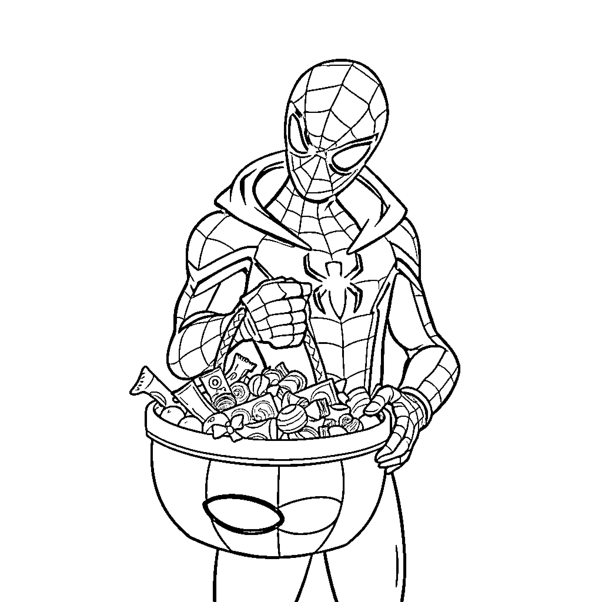 Spiderman collecting Halloween candy in a bucket Coloring Page (free black-and-white line drawing printable PDF for all, from beginners to advanced learners, including children, teens, adults, and seniors)