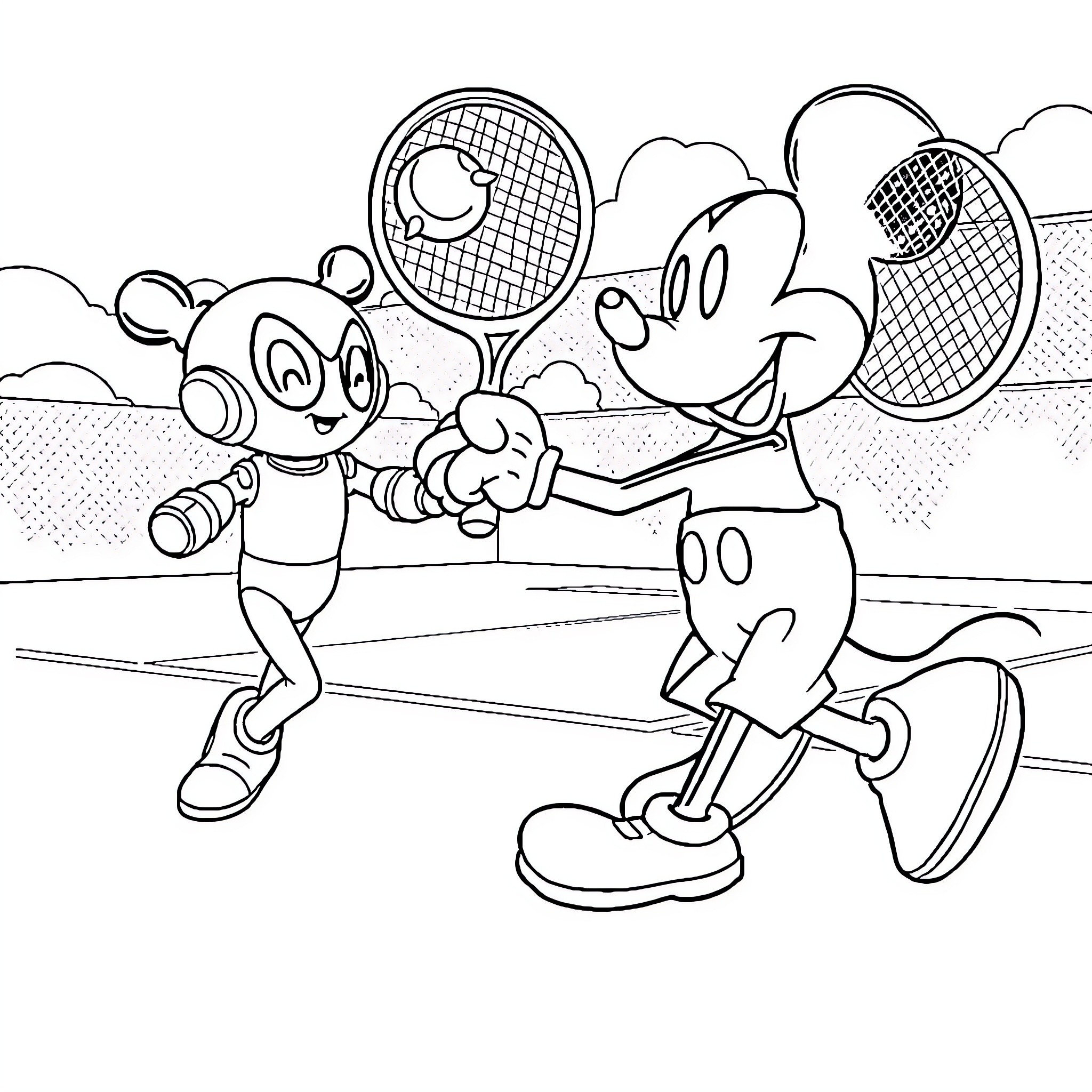 Astroboy playing tennis with cartoon character Coloring Page (free black-and-white line drawing printable PDF for all, from beginners to advanced learners, including children, teens, adults, and seniors)