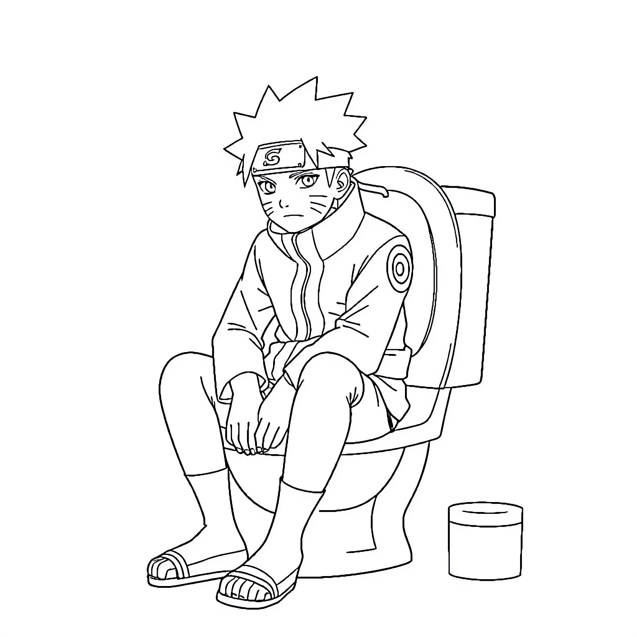 Naruto sitting contemplatively on a toilet Coloring Page (free black-and-white line drawing printable PDF for all, from beginners to advanced learners, including children, teens, adults, and seniors)