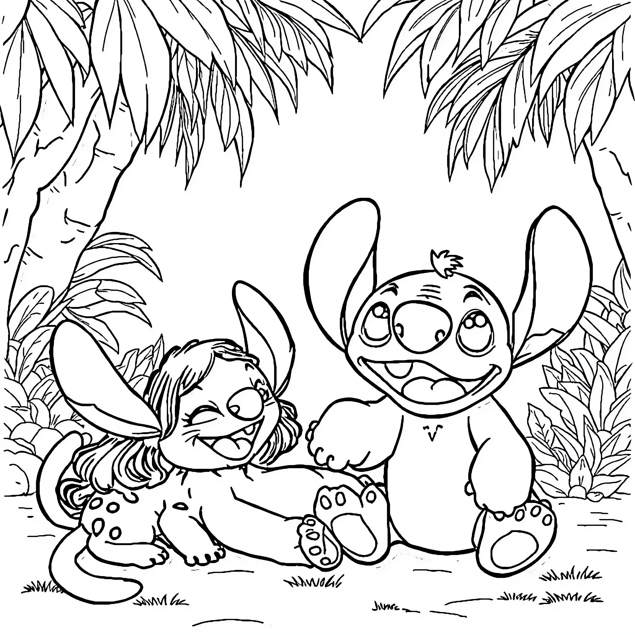 Lilo and Stitch playing in the jungle Coloring Page (free black-and-white line drawing printable PDF for all, from beginners to advanced learners, including children, teens, adults, and seniors)