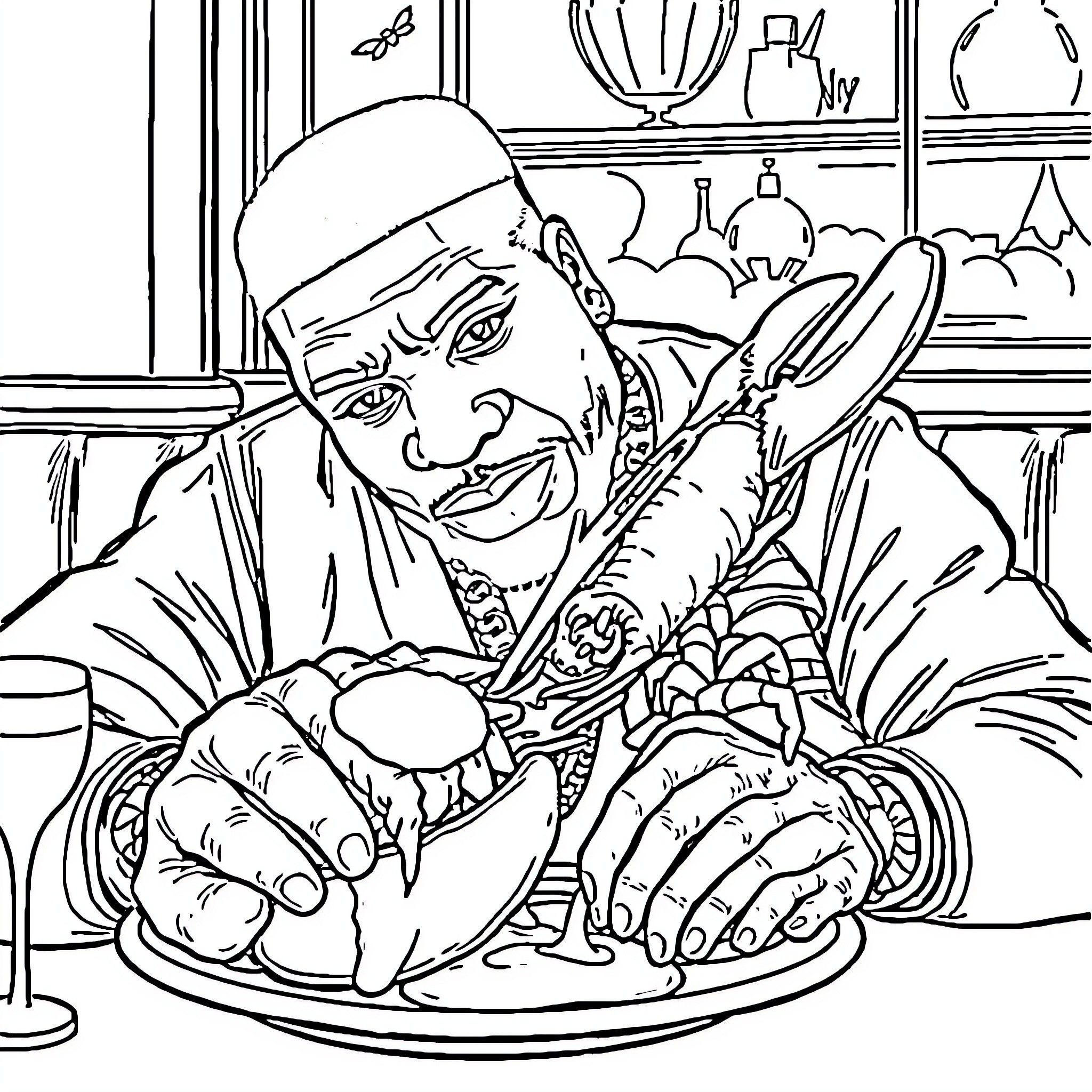 50 Cent Indulging in a Lavish Feast Coloring Page (free black-and-white line drawing printable PDF for all, from beginners to advanced learners, including children, teens, adults, and seniors)