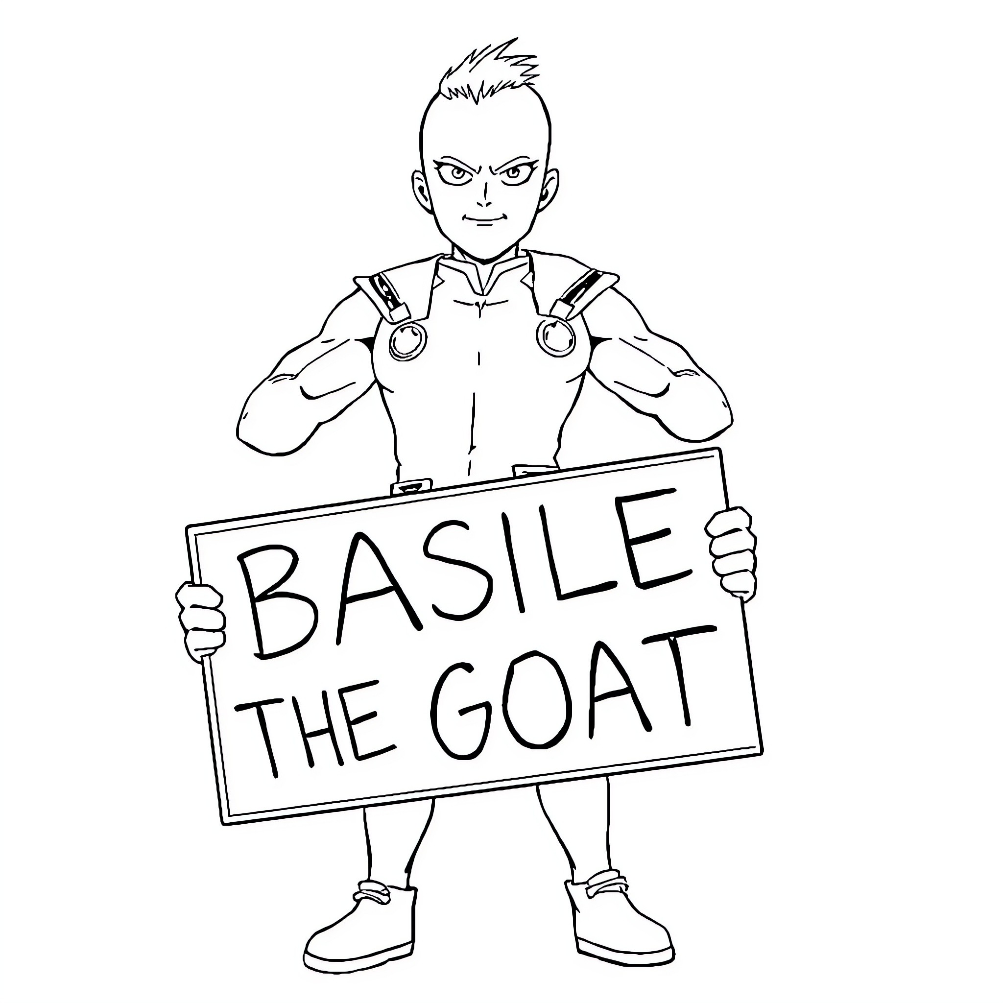 Saitama Basile the Goat Hero Coloring Page (free black-and-white line drawing printable PDF for all, from beginners to advanced learners, including children, teens, adults, and seniors)