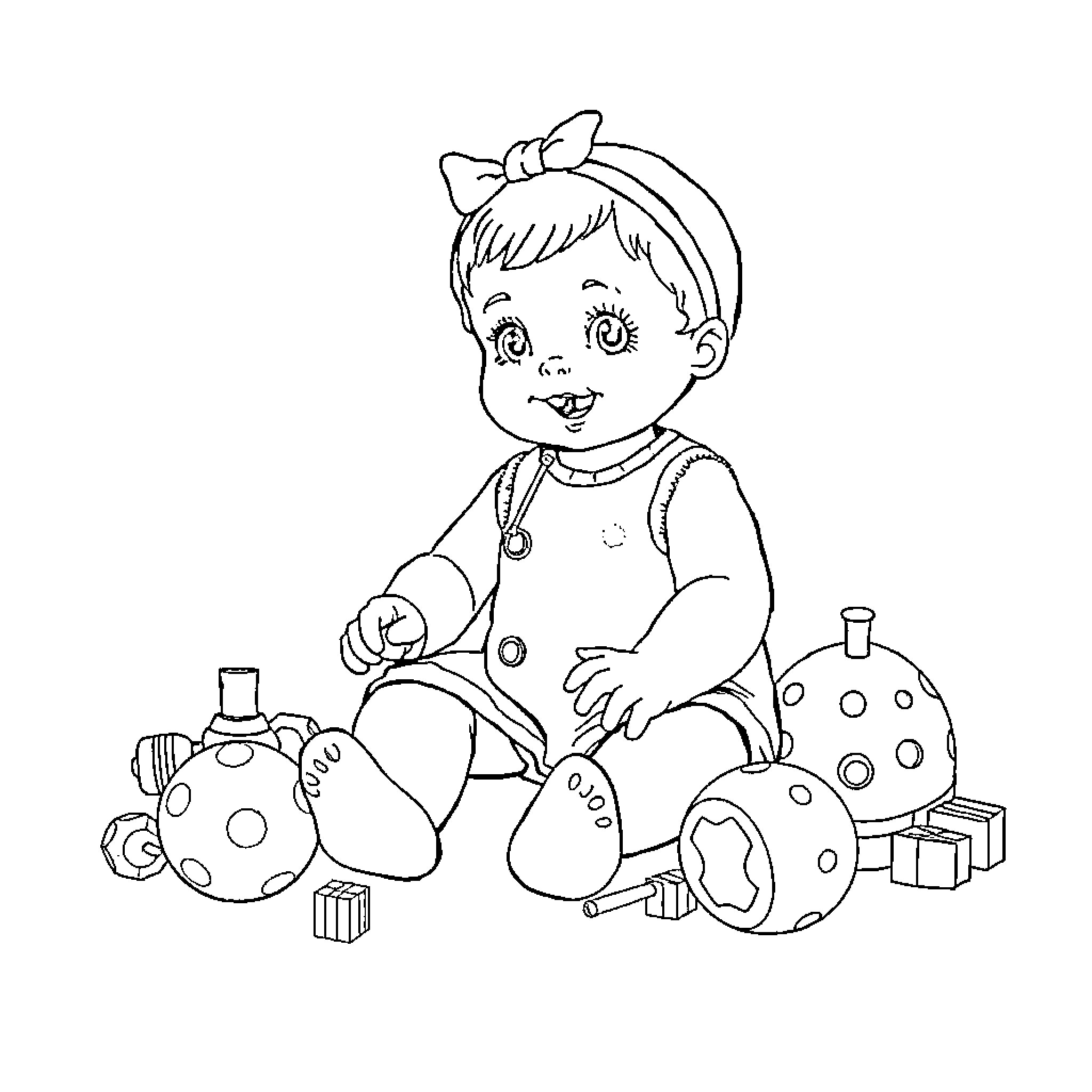Doll playing with toys in a playful scene Coloring Page (free black-and-white line drawing printable PDF for all, from beginners to advanced learners, including children, teens, adults, and seniors)