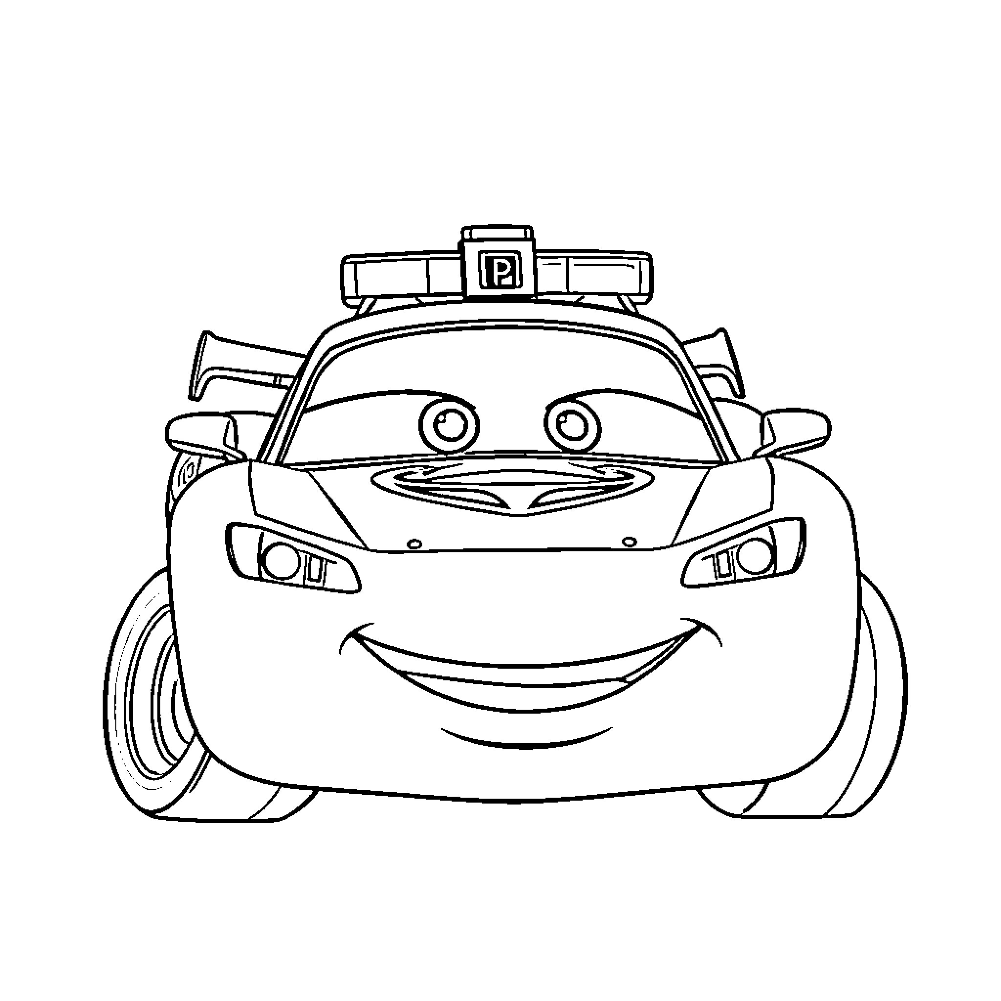 Lightning McQueen as a smiling police car Coloring Page (free black-and-white line drawing printable PDF for all, from beginners to advanced learners, including children, teens, adults, and seniors)