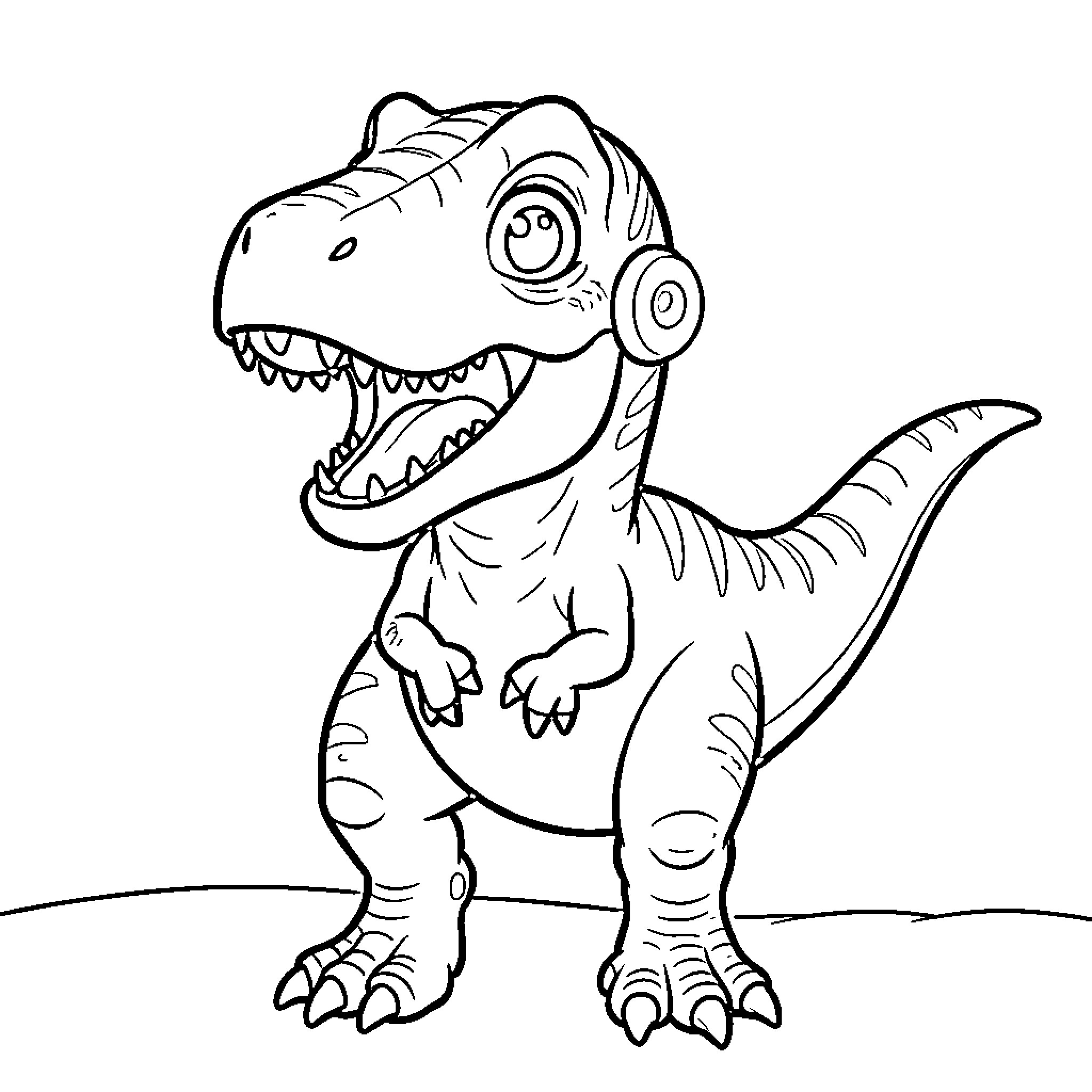 Girl T-Rex with Playful Dinosaur Expression Coloring Page (free black-and-white line drawing printable PDF for all, from beginners to advanced learners, including children, teens, adults, and seniors)