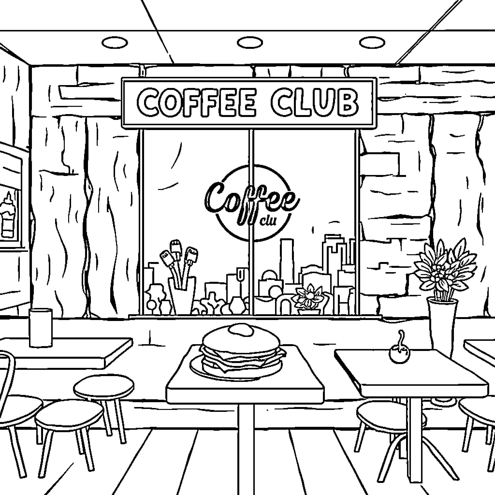 Restaurant with Cozy Coffee Club Atmosphere Coloring Page (free black-and-white line drawing printable PDF for all, from beginners to advanced learners, including children, teens, adults, and seniors)
