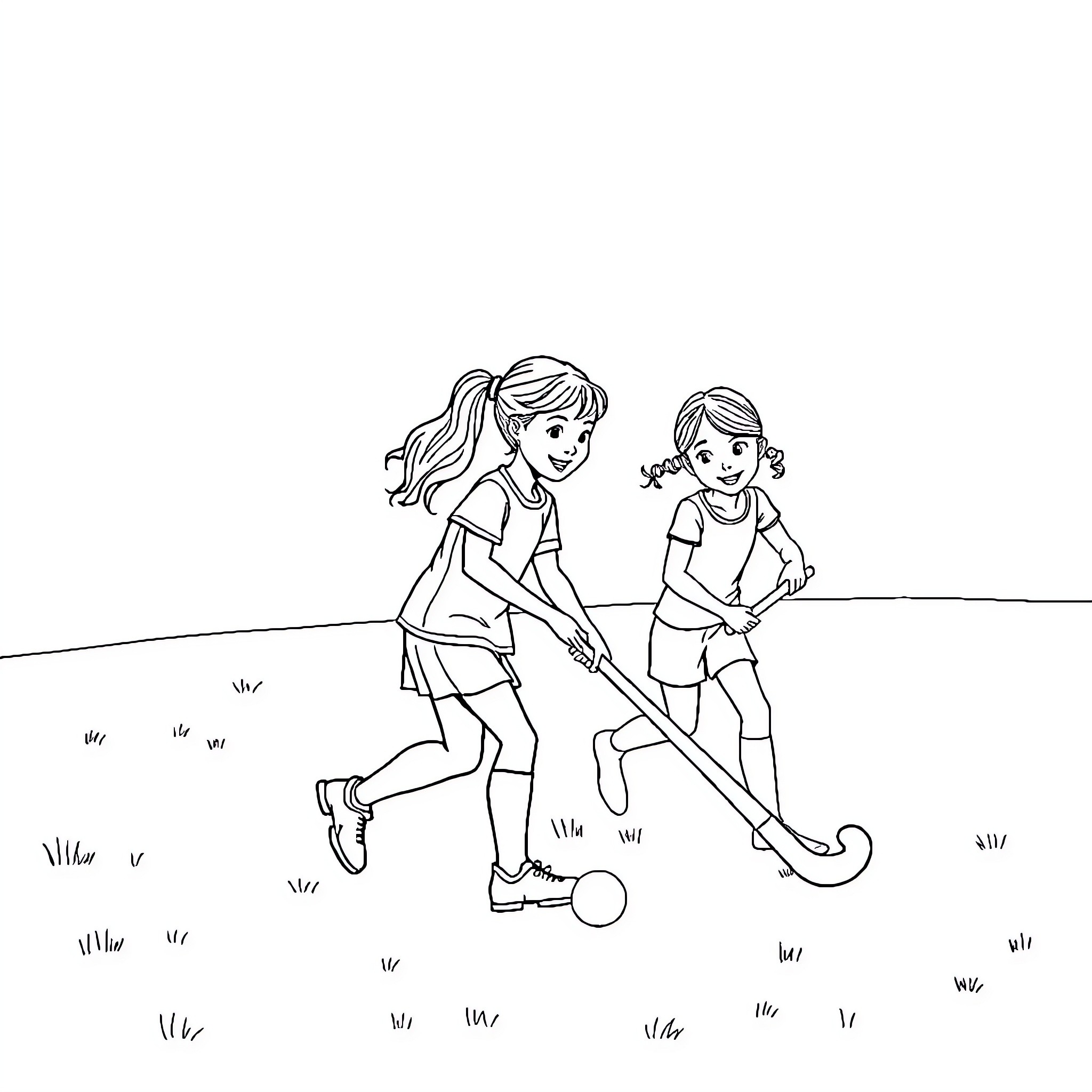 Sister Field Hockey Players in Action Coloring Page (free black-and-white line drawing printable PDF for all, from beginners to advanced learners, including children, teens, adults, and seniors)