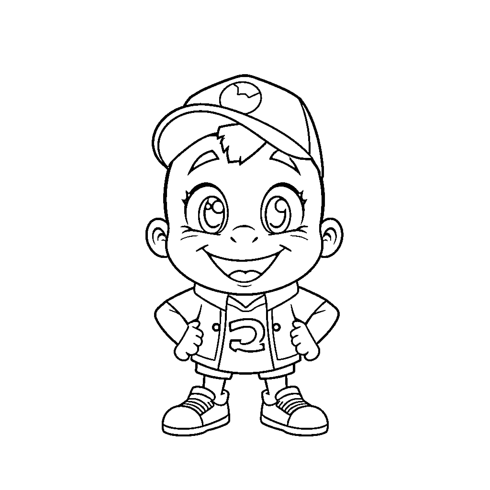 Mascot of a smiling young boy in uniform Coloring Page (free black-and-white line drawing printable PDF for all, from beginners to advanced learners, including children, teens, adults, and seniors)