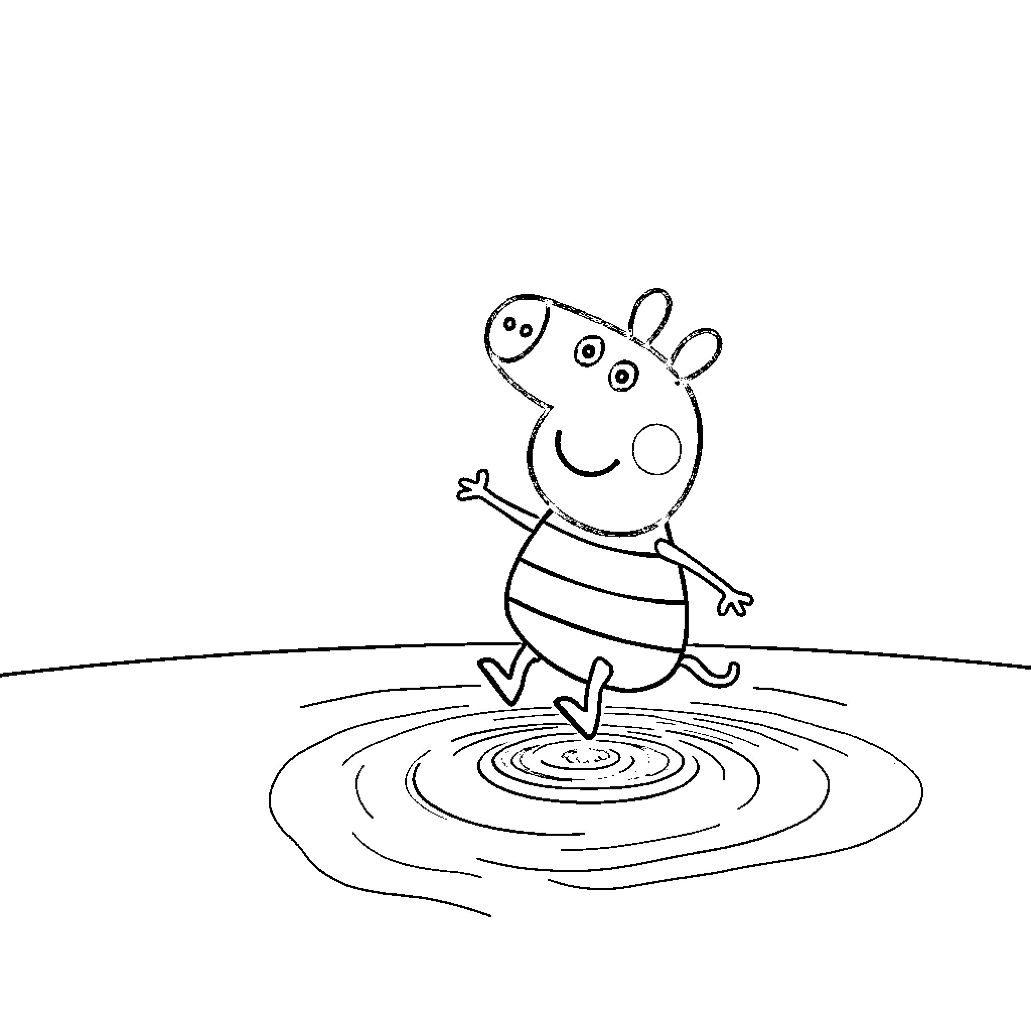 Peppa Pig jumping in puddle Coloring Page (free black-and-white line drawing printable PDF for all, from beginners to advanced learners, including children, teens, adults, and seniors)