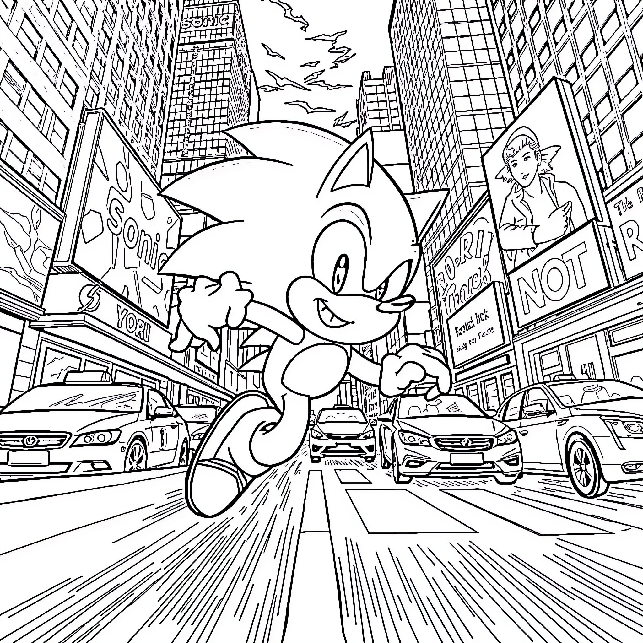 Sonic speeding through the vibrant city streets Coloring Page (free black-and-white line drawing printable PDF for all, from beginners to advanced learners, including children, teens, adults, and seniors)