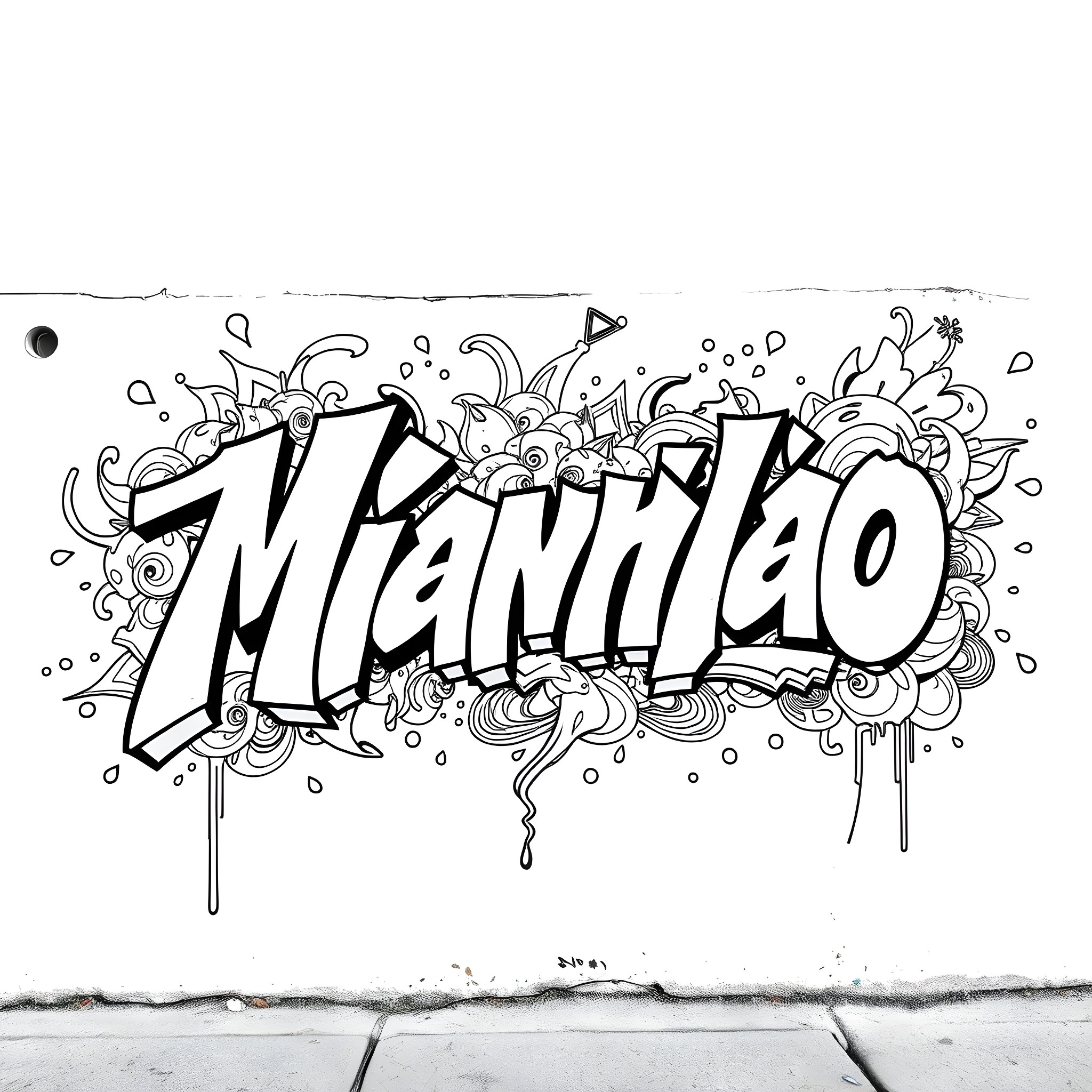 Miaomiao Playful Graffiti Art Coloring Page (free black-and-white line drawing printable PDF for all, from beginners to advanced learners, including children, teens, adults, and seniors)