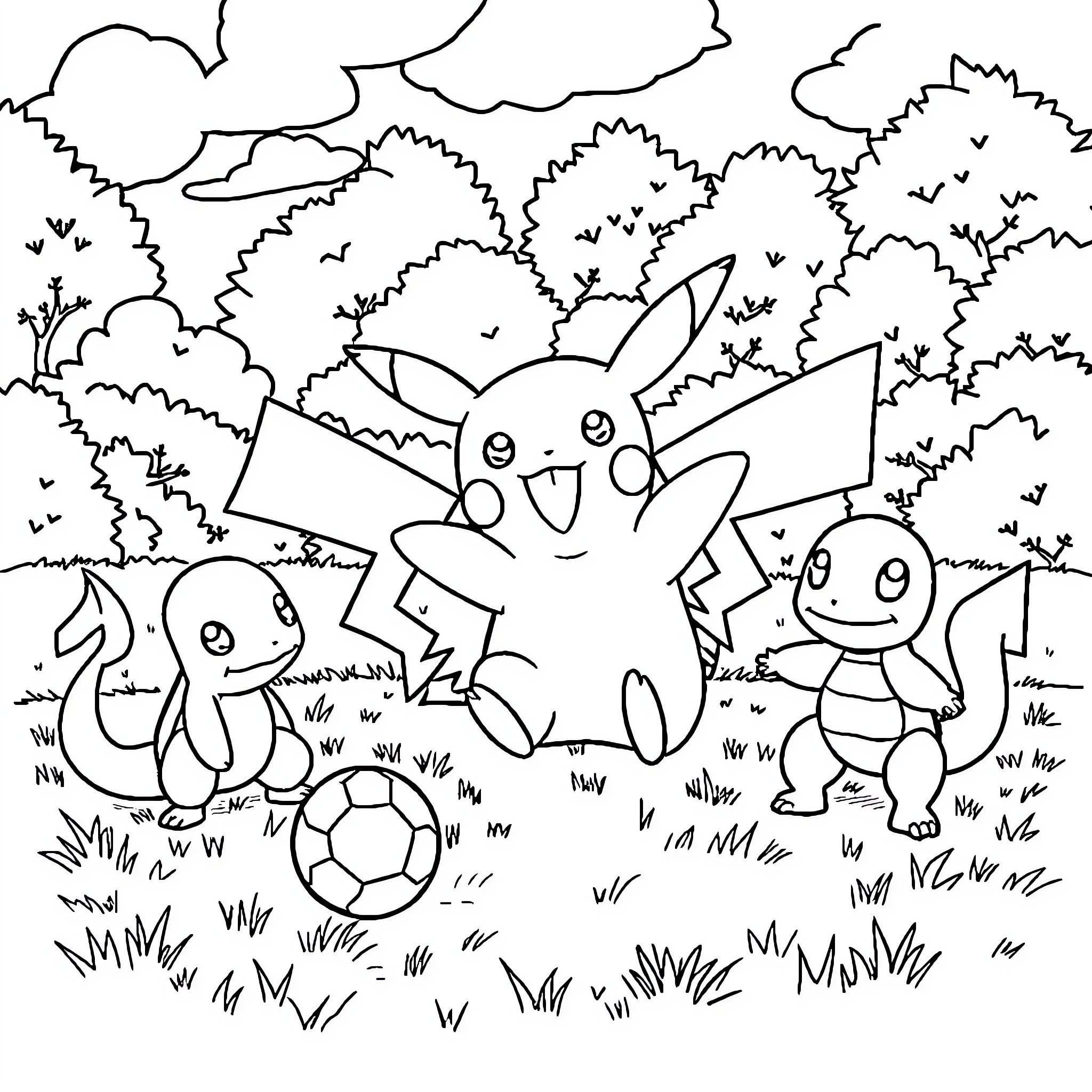 Pikachu and friends playing in the forest Coloring Page (free black-and-white line drawing printable PDF for all, from beginners to advanced learners, including children, teens, adults, and seniors)