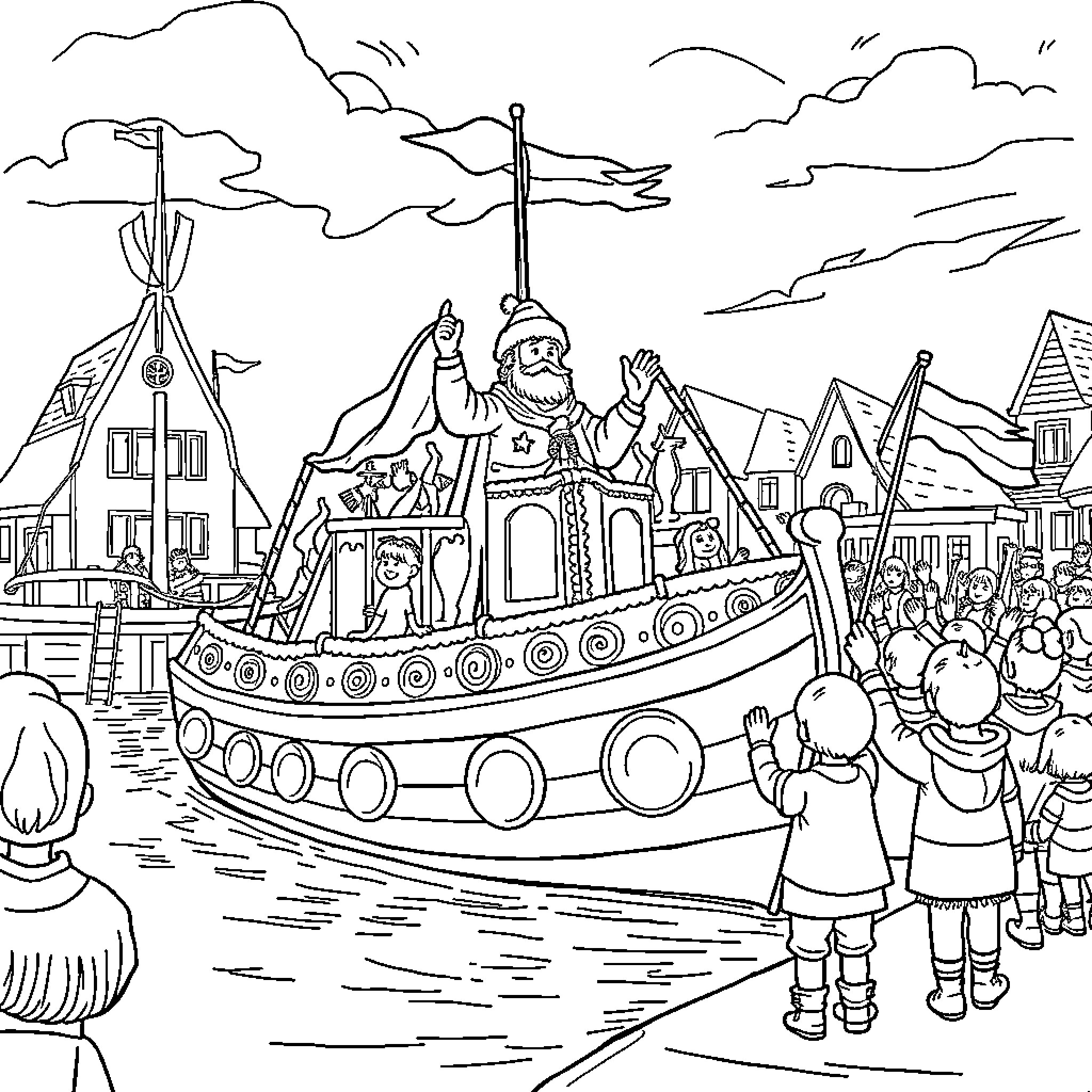 Sinterklaas parade through the town with his entourage Coloring Page (free black-and-white line drawing printable PDF for all, from beginners to advanced learners, including children, teens, adults, and seniors)