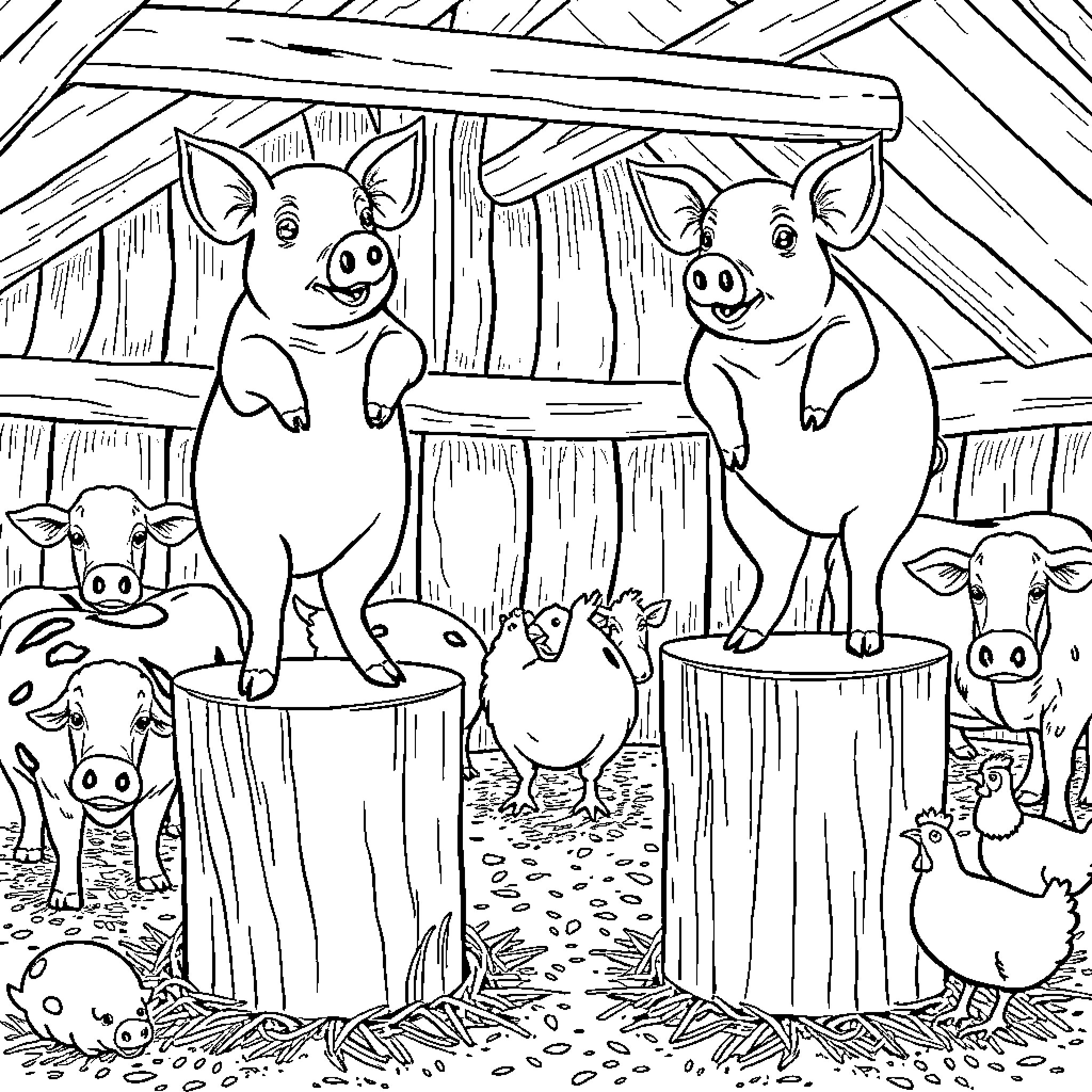 Pigs playing in the farm barn Coloring Page (free black-and-white line drawing printable PDF for all, from beginners to advanced learners, including children, teens, adults, and seniors)