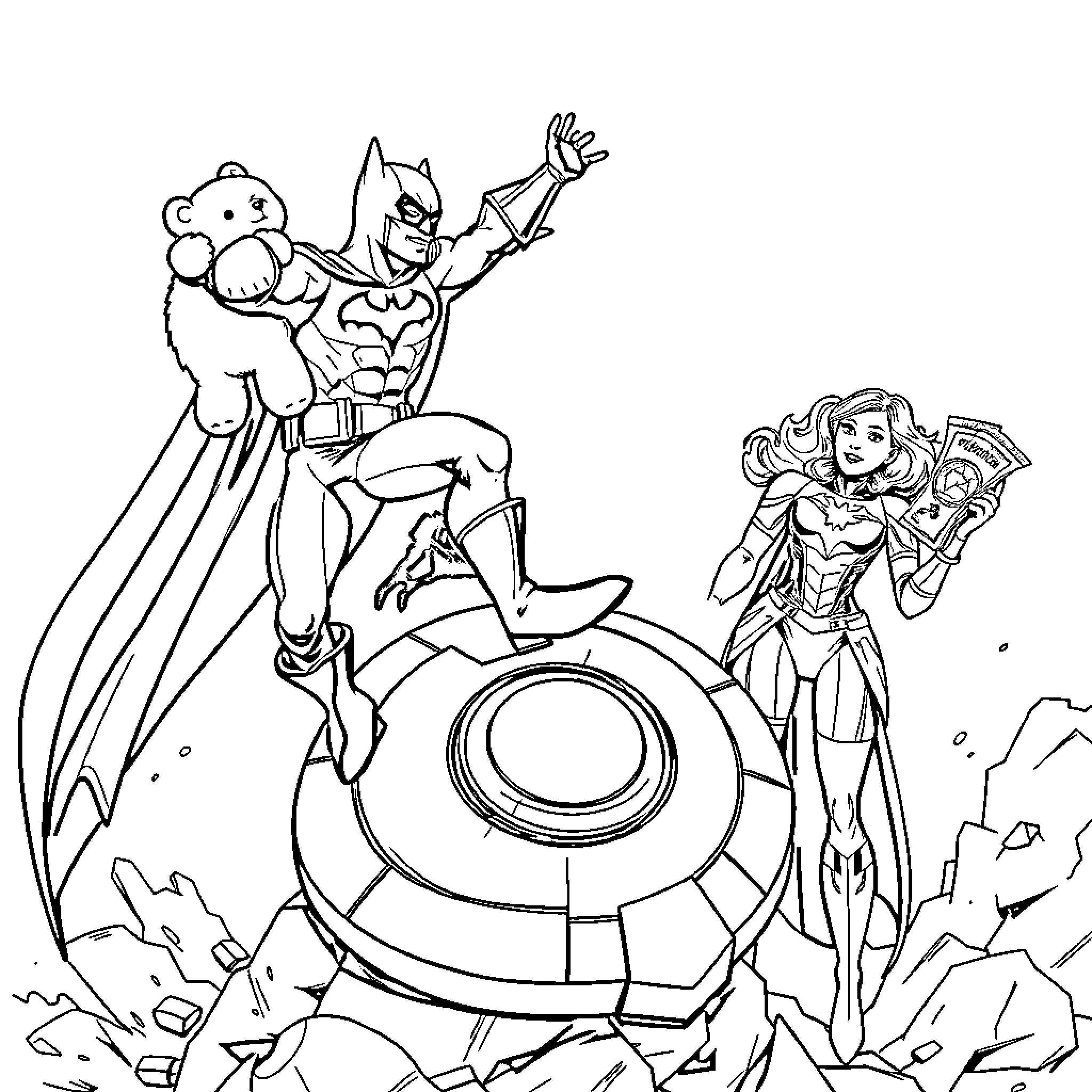 Batman takes action with Wonder Woman in battle Coloring Page (free black-and-white line drawing printable PDF for all, from beginners to advanced learners, including children, teens, adults, and seniors)