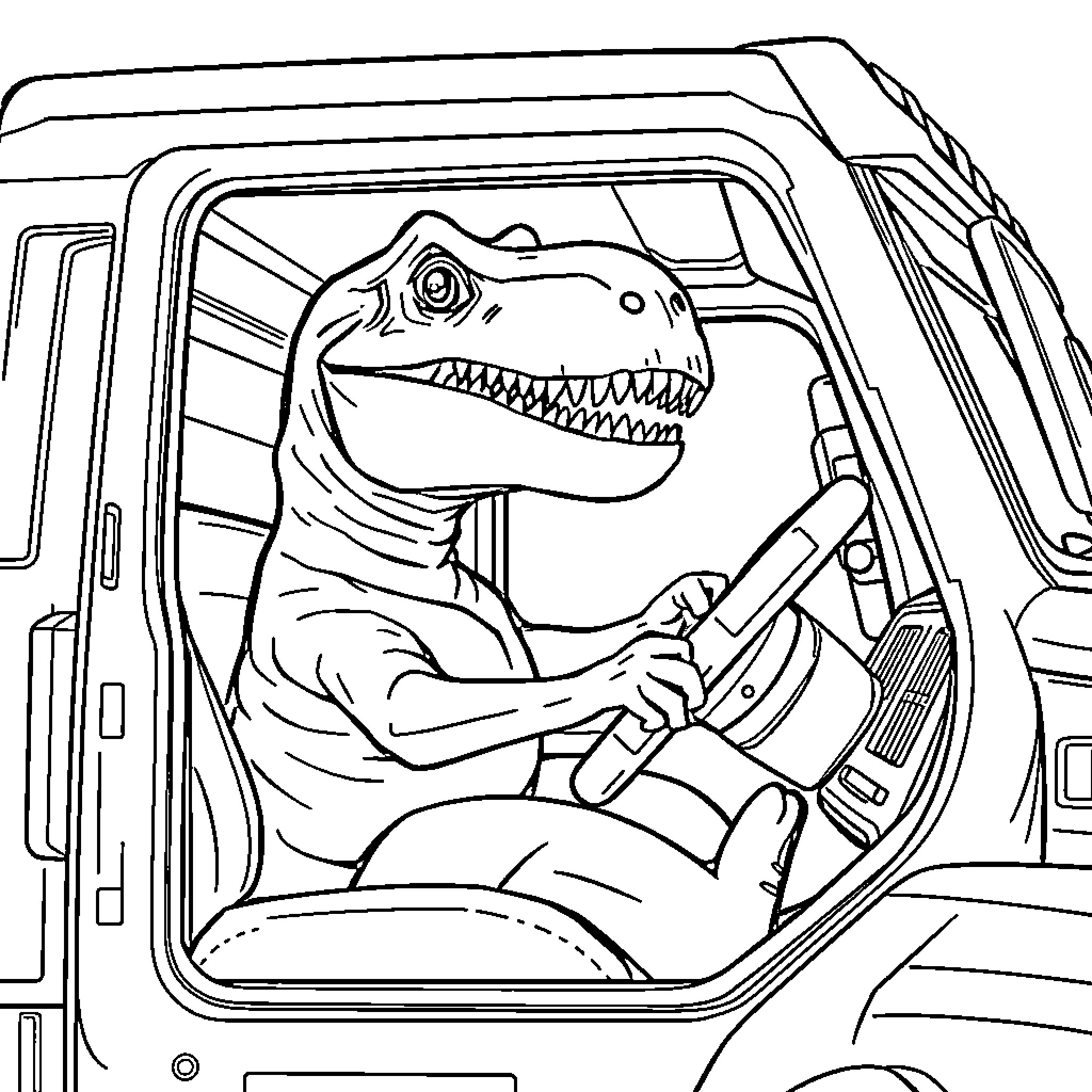 T-Rex driver behind the wheel of a vehicle Coloring Page (free black-and-white line drawing printable PDF for all, from beginners to advanced learners, including children, teens, adults, and seniors)