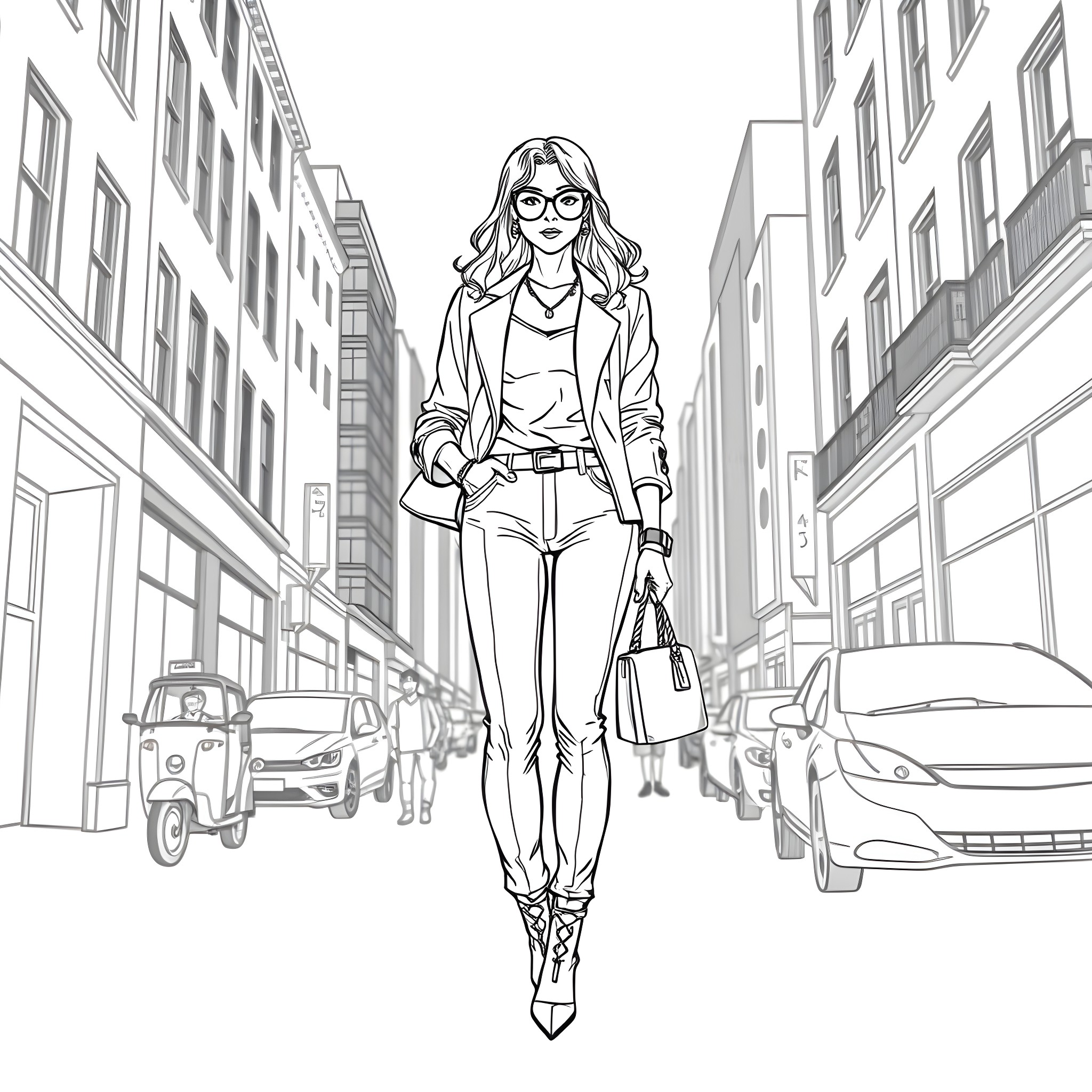 Girl walking stylishly through busy city street Coloring Page (free black-and-white line drawing printable PDF for all, from beginners to advanced learners, including children, teens, adults, and seniors)