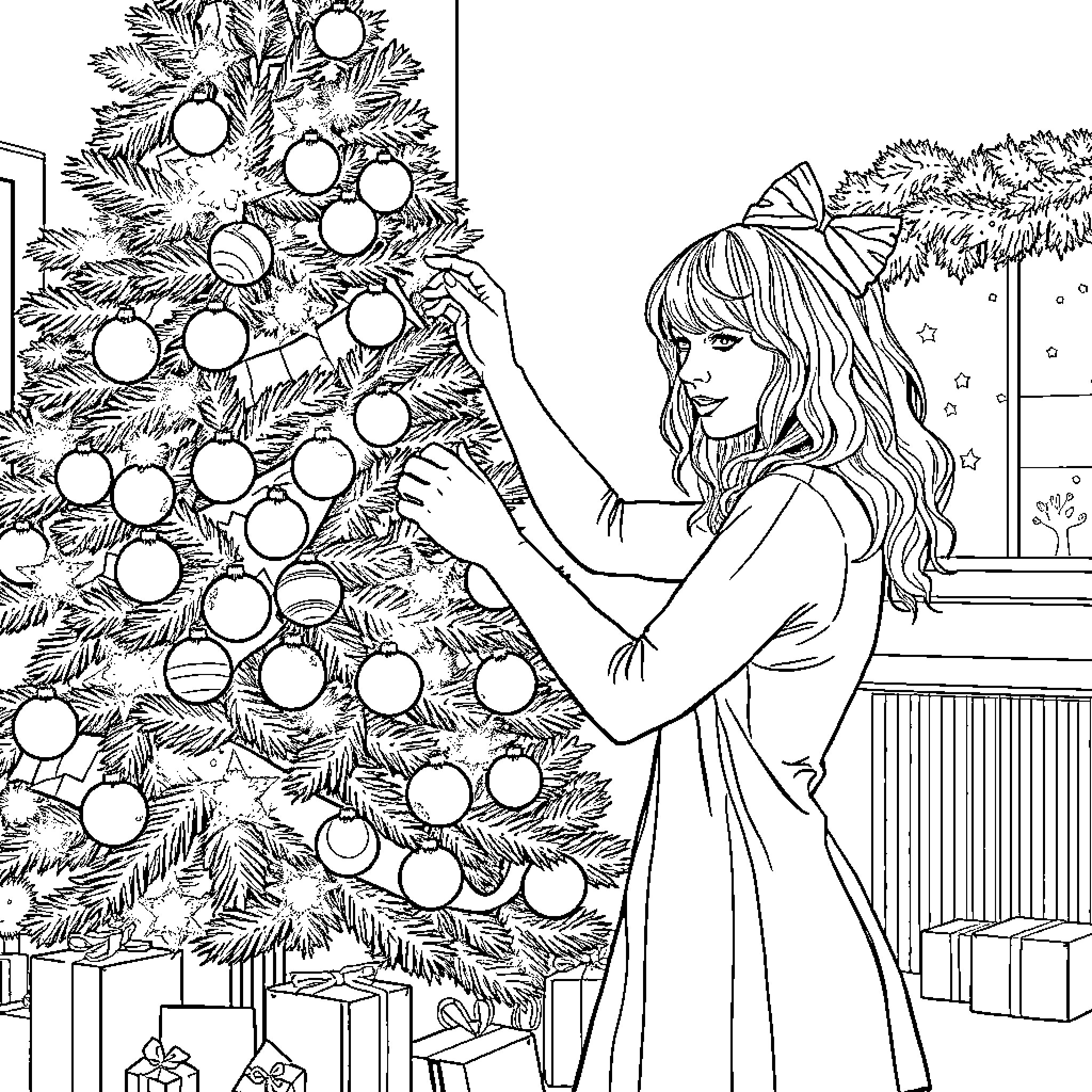 Taylor Swift decorating a Christmas tree Coloring Page (free black-and-white line drawing printable PDF for all, from beginners to advanced learners, including children, teens, adults, and seniors)