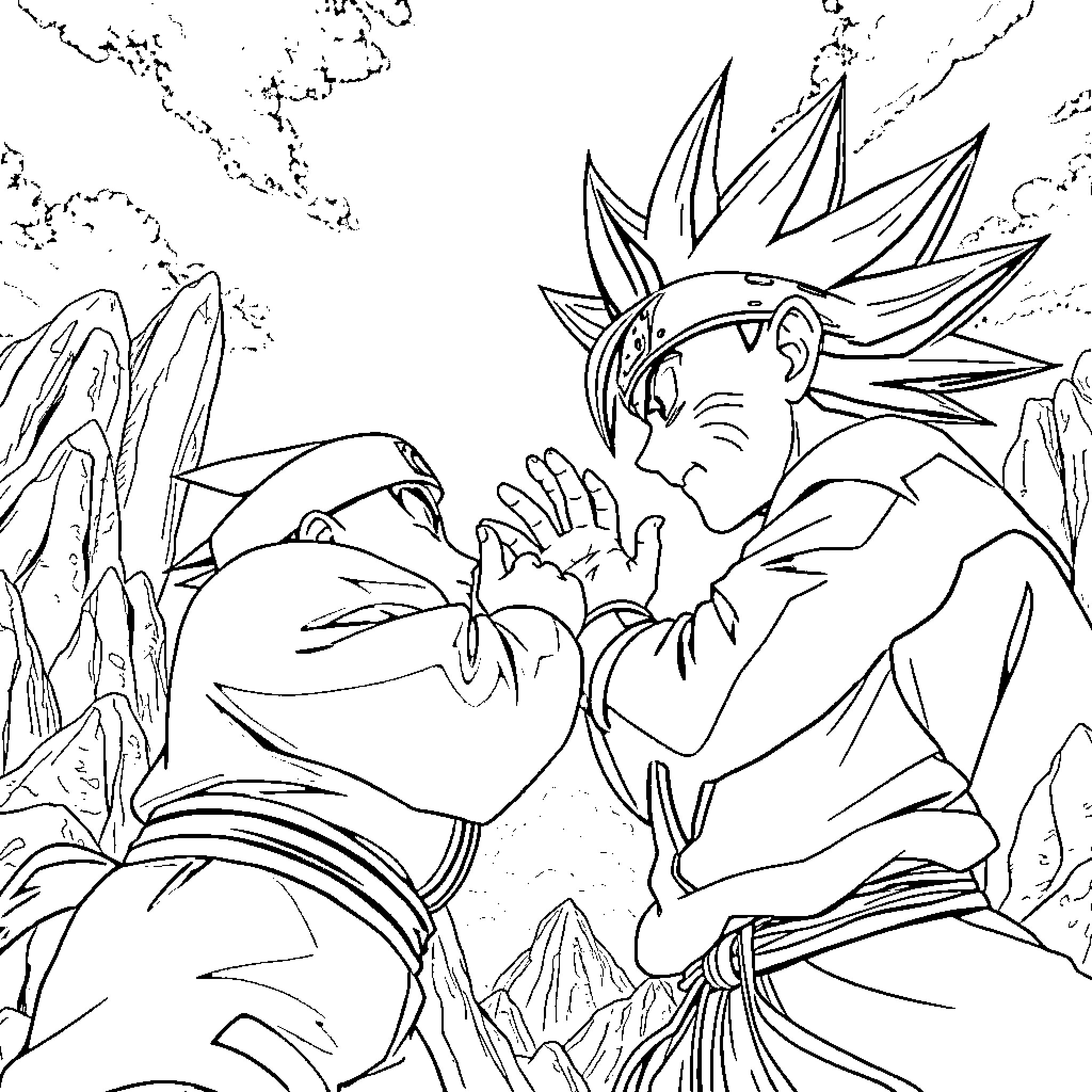 Naruto characters in intense battle scene Coloring Page (free black-and-white line drawing printable PDF for all, from beginners to advanced learners, including children, teens, adults, and seniors)