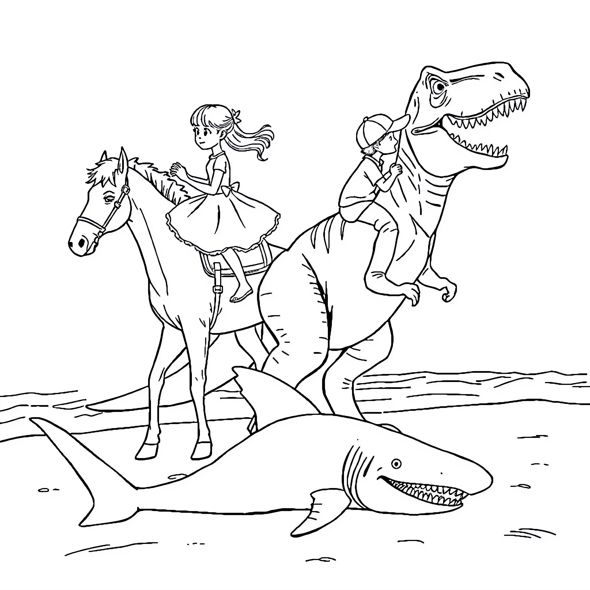 Horse-riding girl encounters fierce dinosaur and shark Coloring Page (free black-and-white line drawing printable PDF for all, from beginners to advanced learners, including children, teens, adults, and seniors)