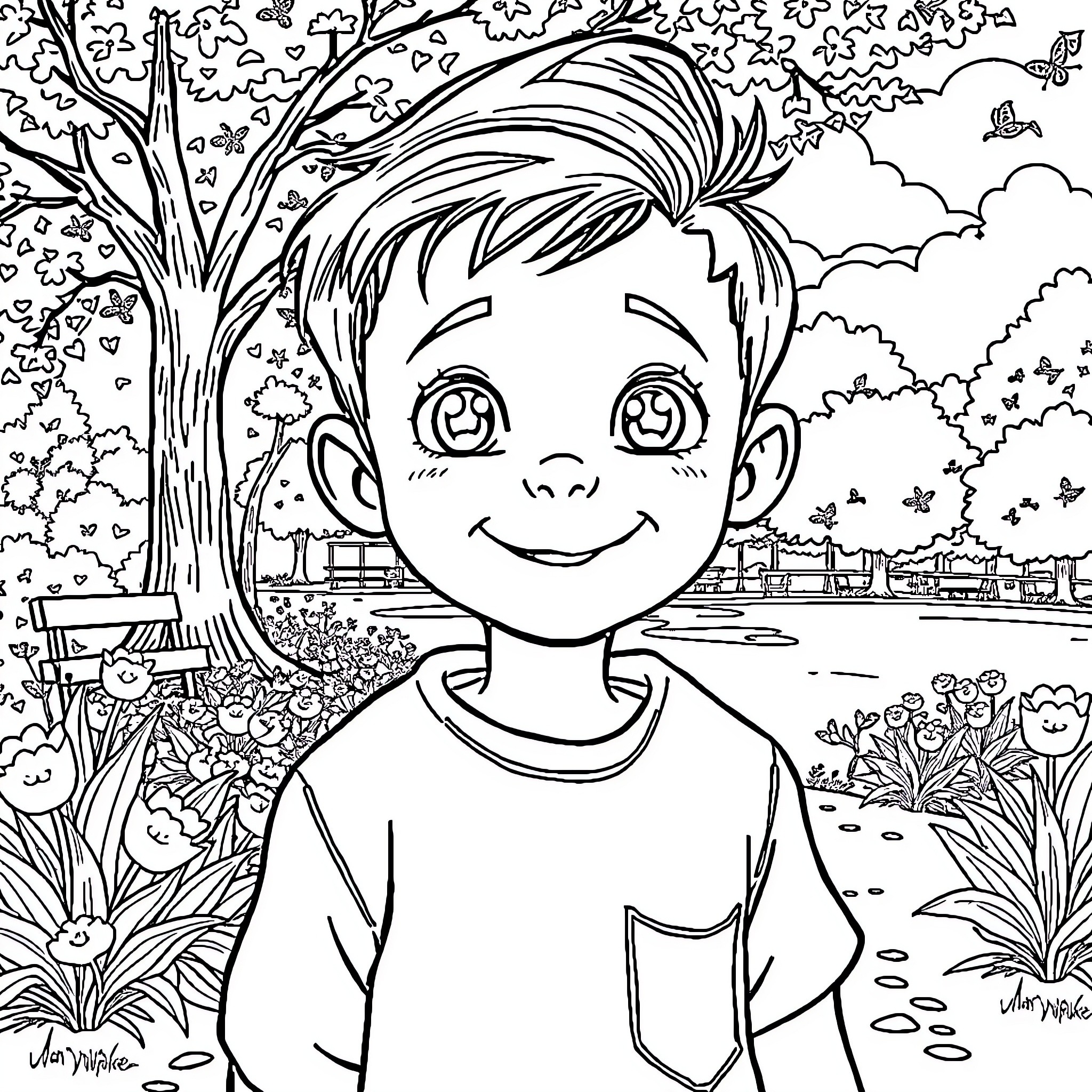 Ajex Explores the Whimsical Outdoors Coloring Page (free black-and-white line drawing printable PDF for all, from beginners to advanced learners, including children, teens, adults, and seniors)